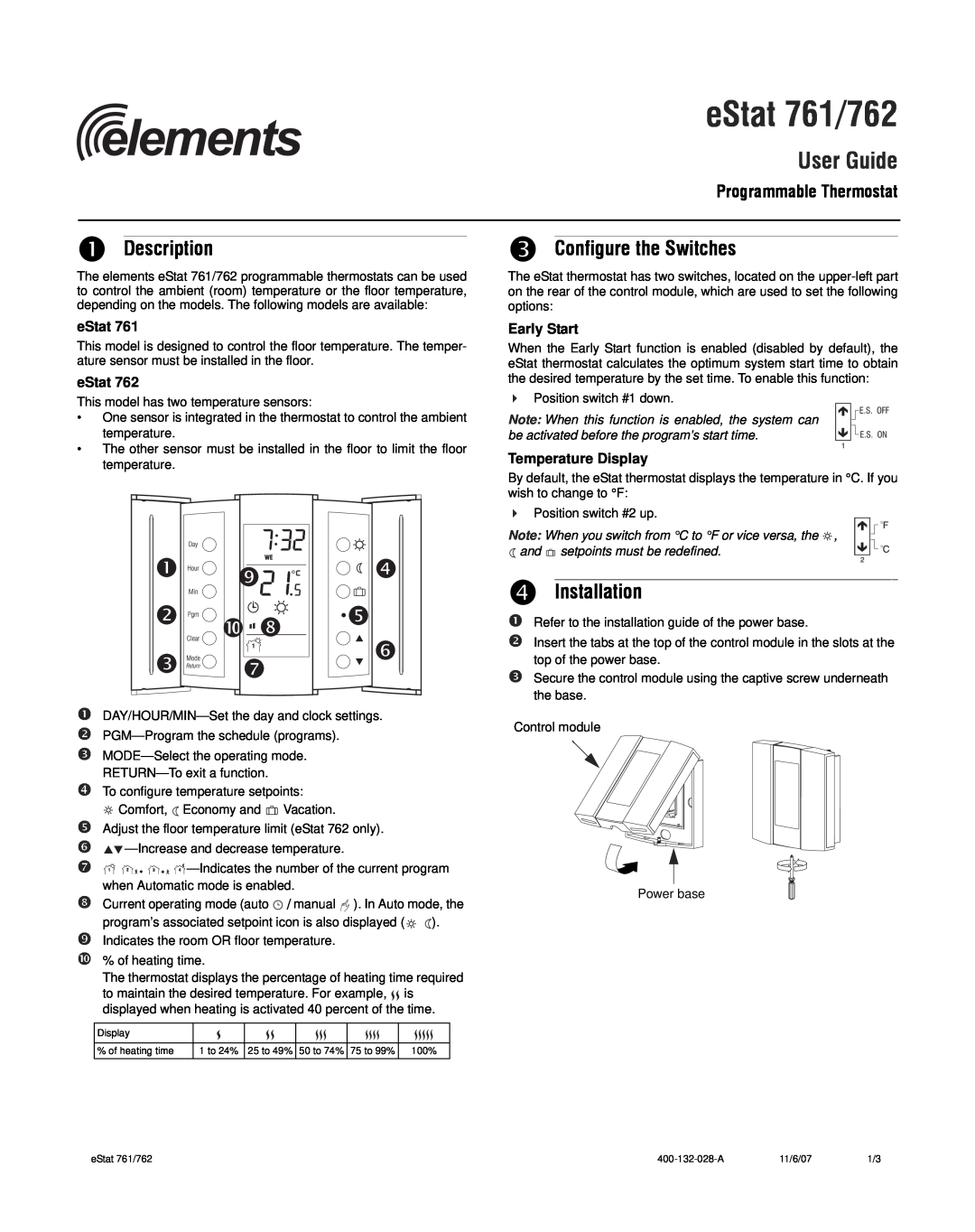 Elemental Designs eStat 762 manual Description, Configure the Switches, q Installation, Early Start, Temperature Display 