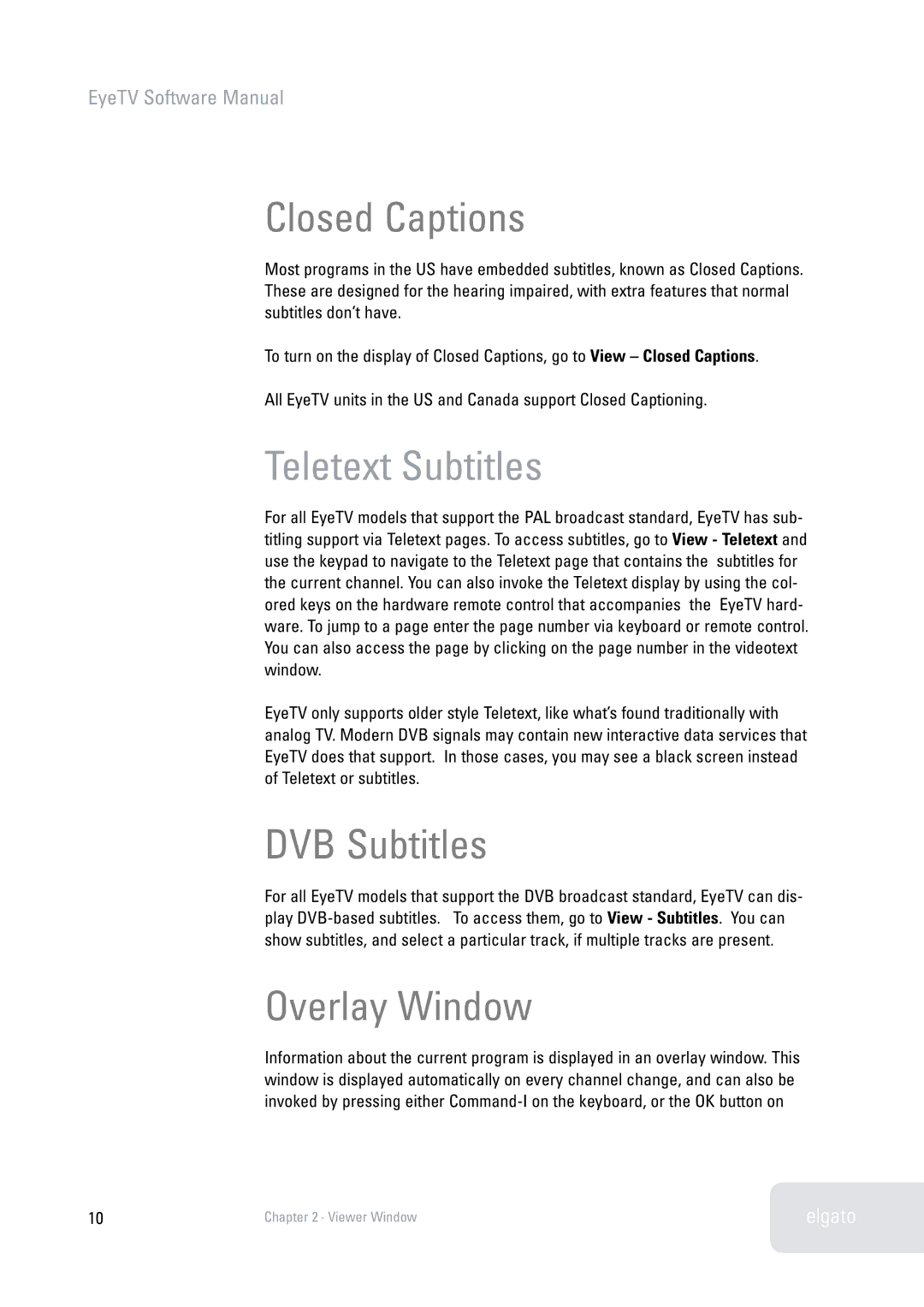 Elgato 2 software manual Closed Captions, Teletext Subtitles, DVB Subtitles, Overlay Window 