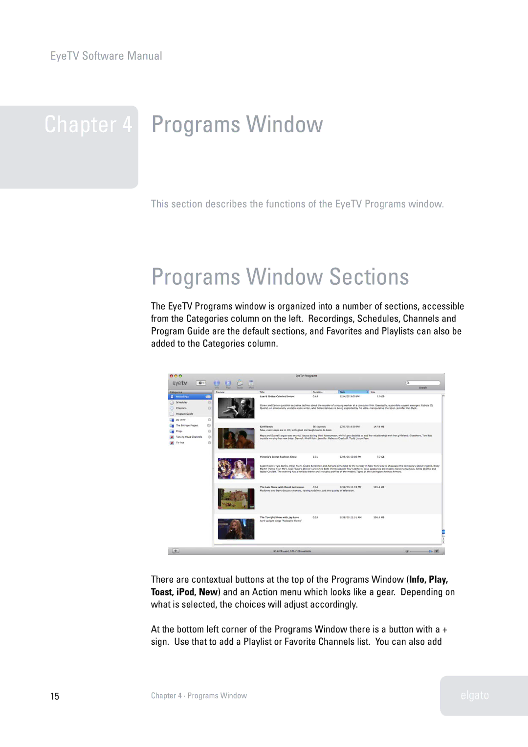 Elgato 2 software manual Programs Window Sections 