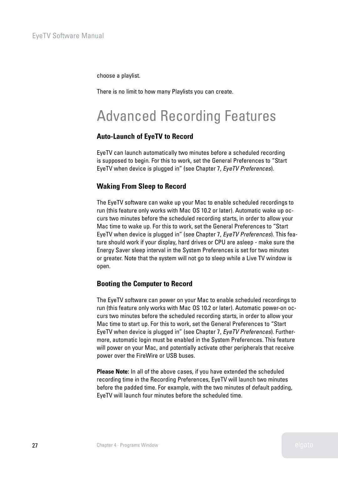 Elgato 2 software manual Advanced Recording Features, Auto-Launch of EyeTV to Record 