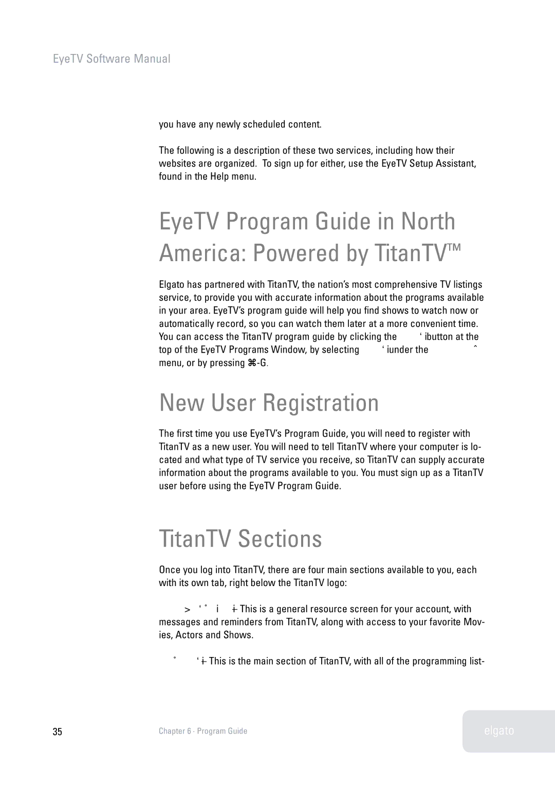 Elgato 2 software manual EyeTV Program Guide in North America Powered by TitanTV, New User Registration, TitanTV Sections 