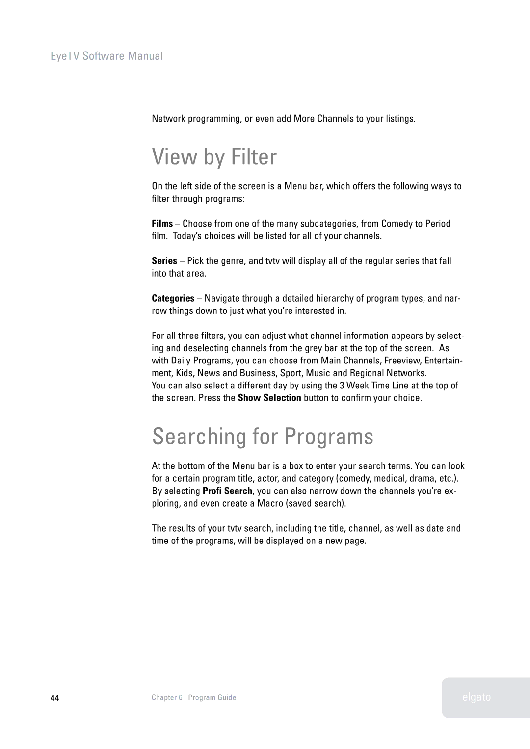 Elgato 2 software manual View by Filter, Searching for Programs 