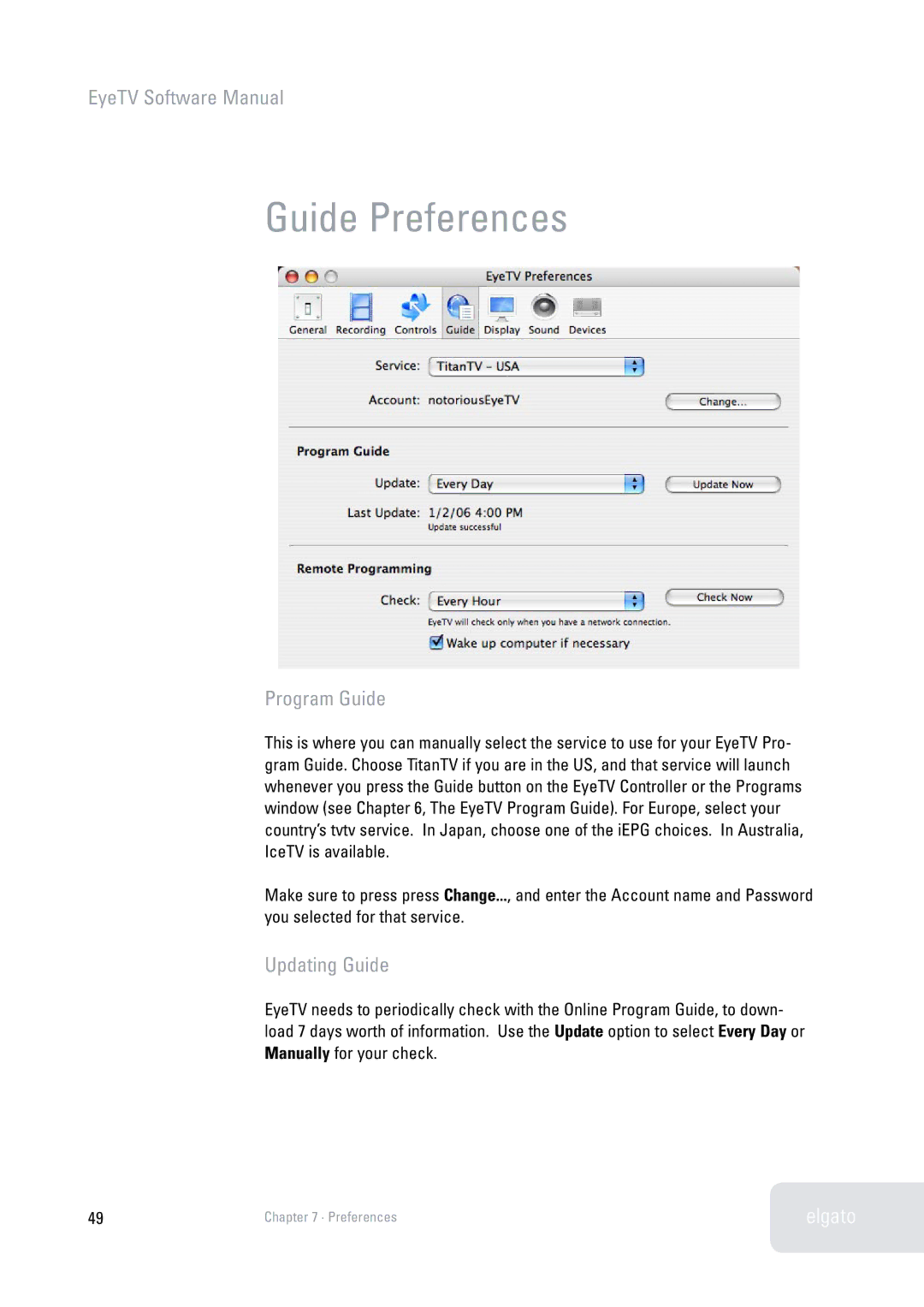 Elgato 2 software manual Guide Preferences, Program Guide, Updating Guide 