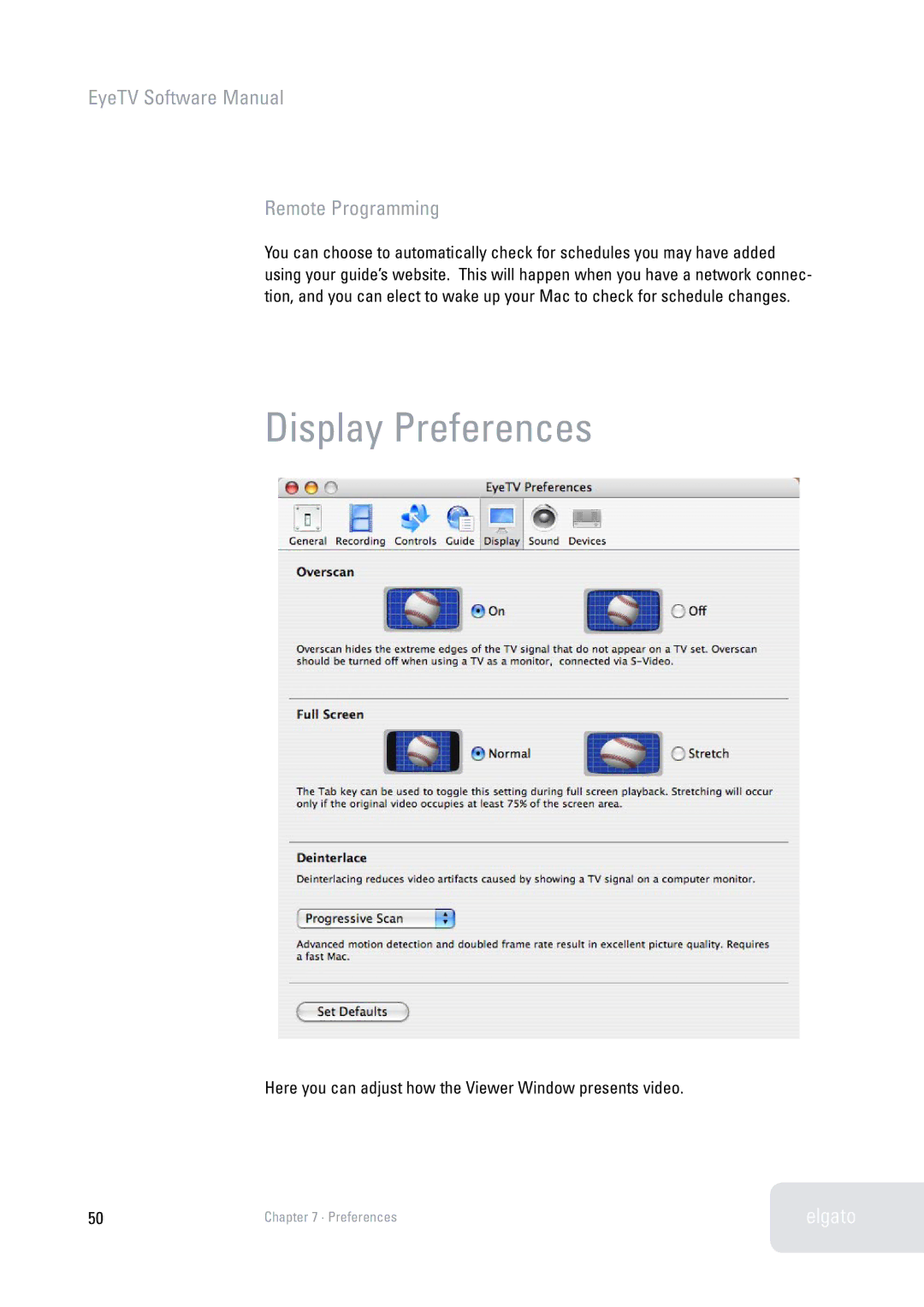 Elgato 2 software manual Display Preferences, EyeTV Software Manual Remote Programming 