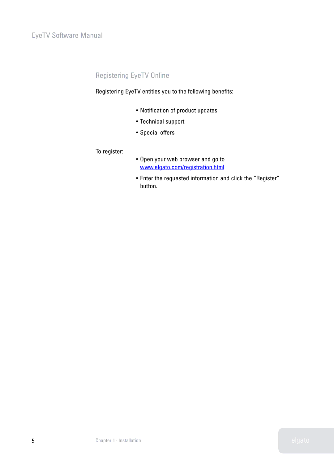 Elgato 2 software manual EyeTV Software Manual Registering EyeTV Online 