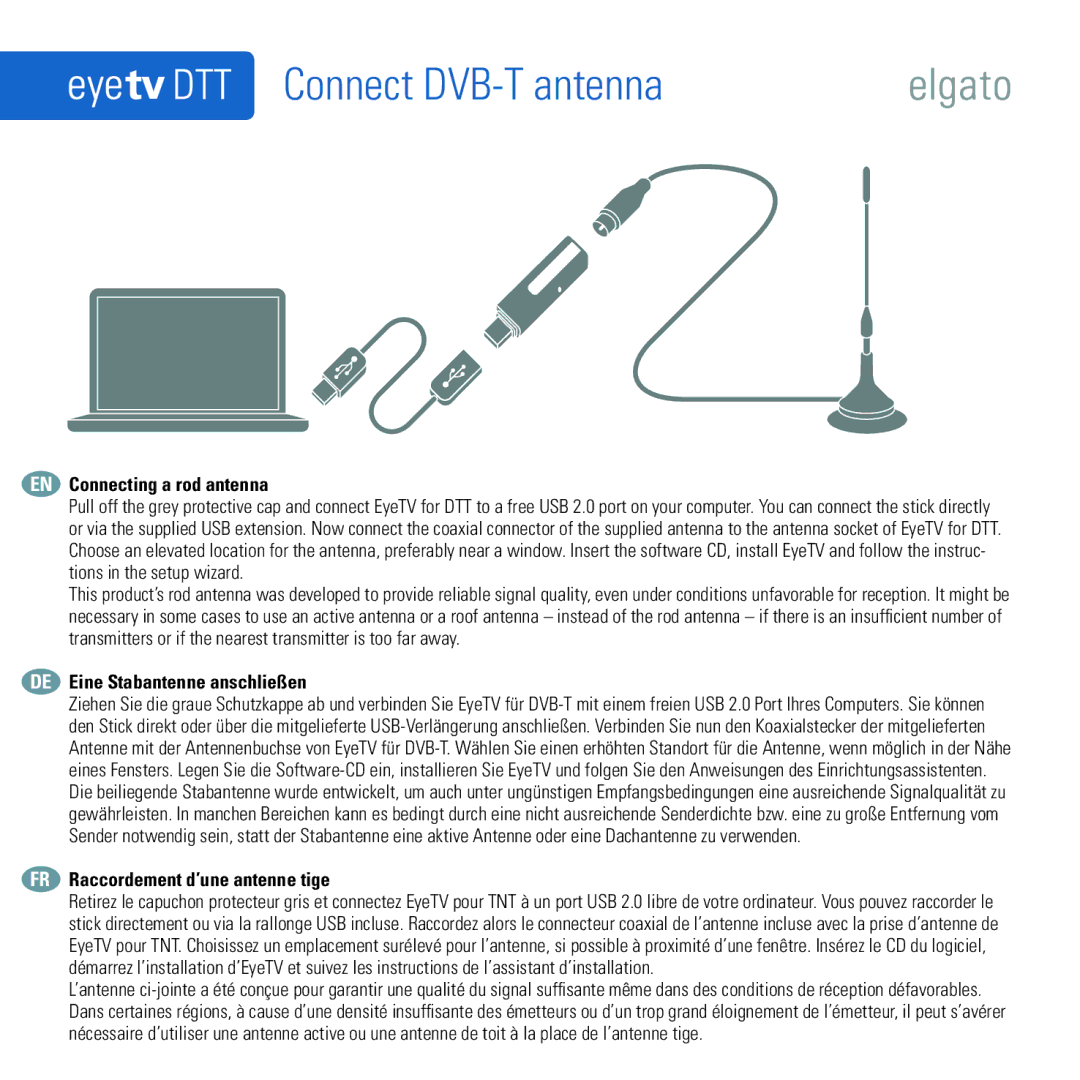 Elgato Eye TV DTT quick start Connect DVB-T antenna, EN Connecting a rod antenna, DE Eine Stabantenne anschließen 