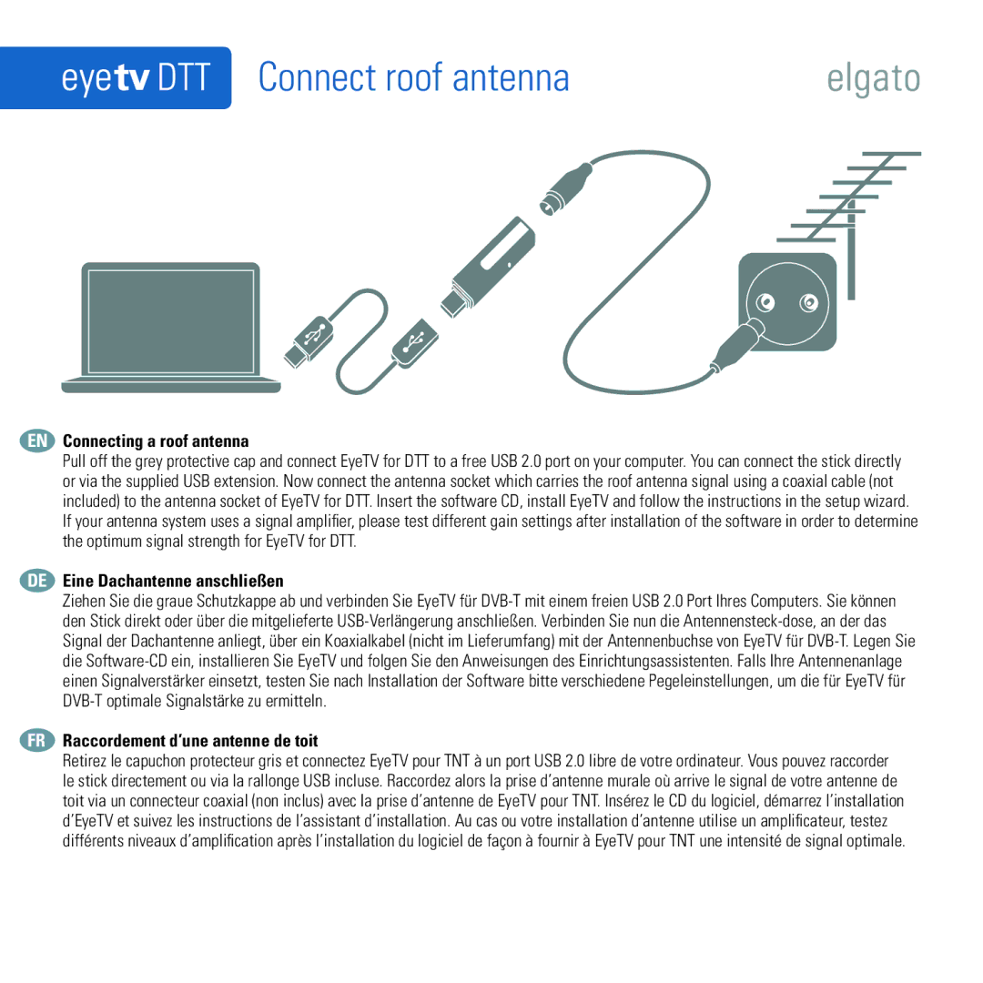 Elgato Eye TV DTT quick start Connect roof antenna, EN Connecting a roof antenna, DE Eine Dachantenne anschließen 