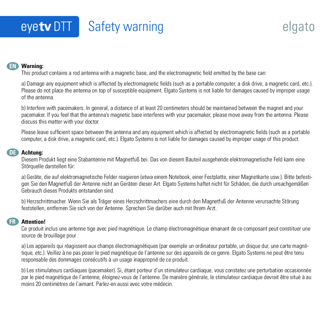 Elgato Eye TV DTT quick start Safety warning, EN Warning, DE Achtung, FR Attention 
