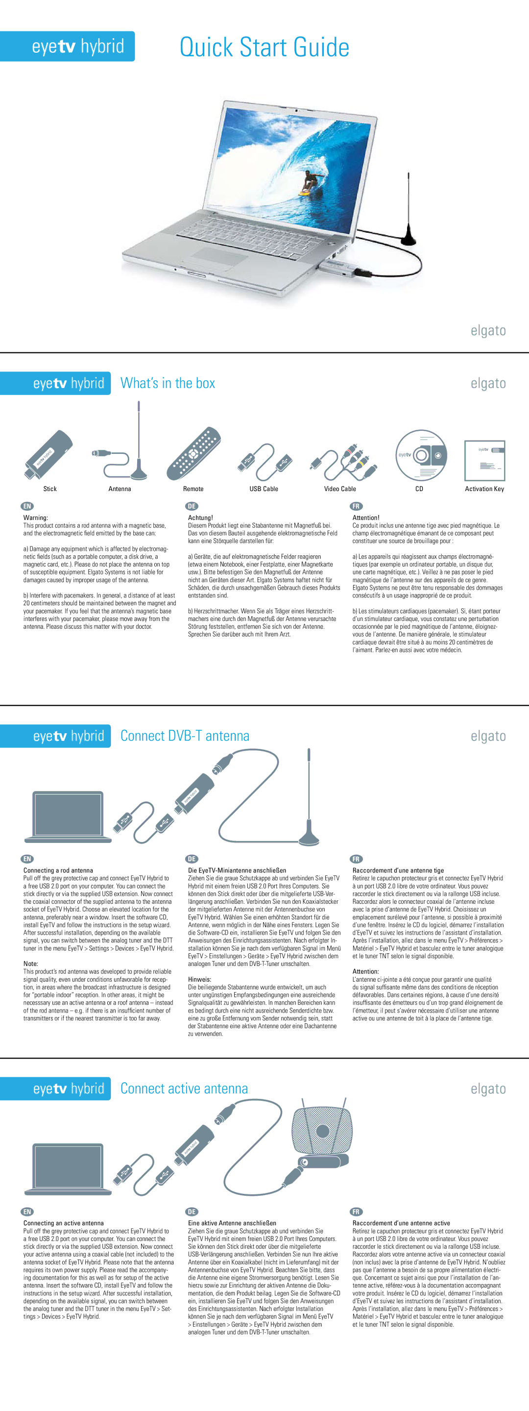 Elgato Eye TV Hybrid quick start Hybrid What’s in the box, Hybrid Connect DVB-T antenna, Hybrid Connect active antenna 