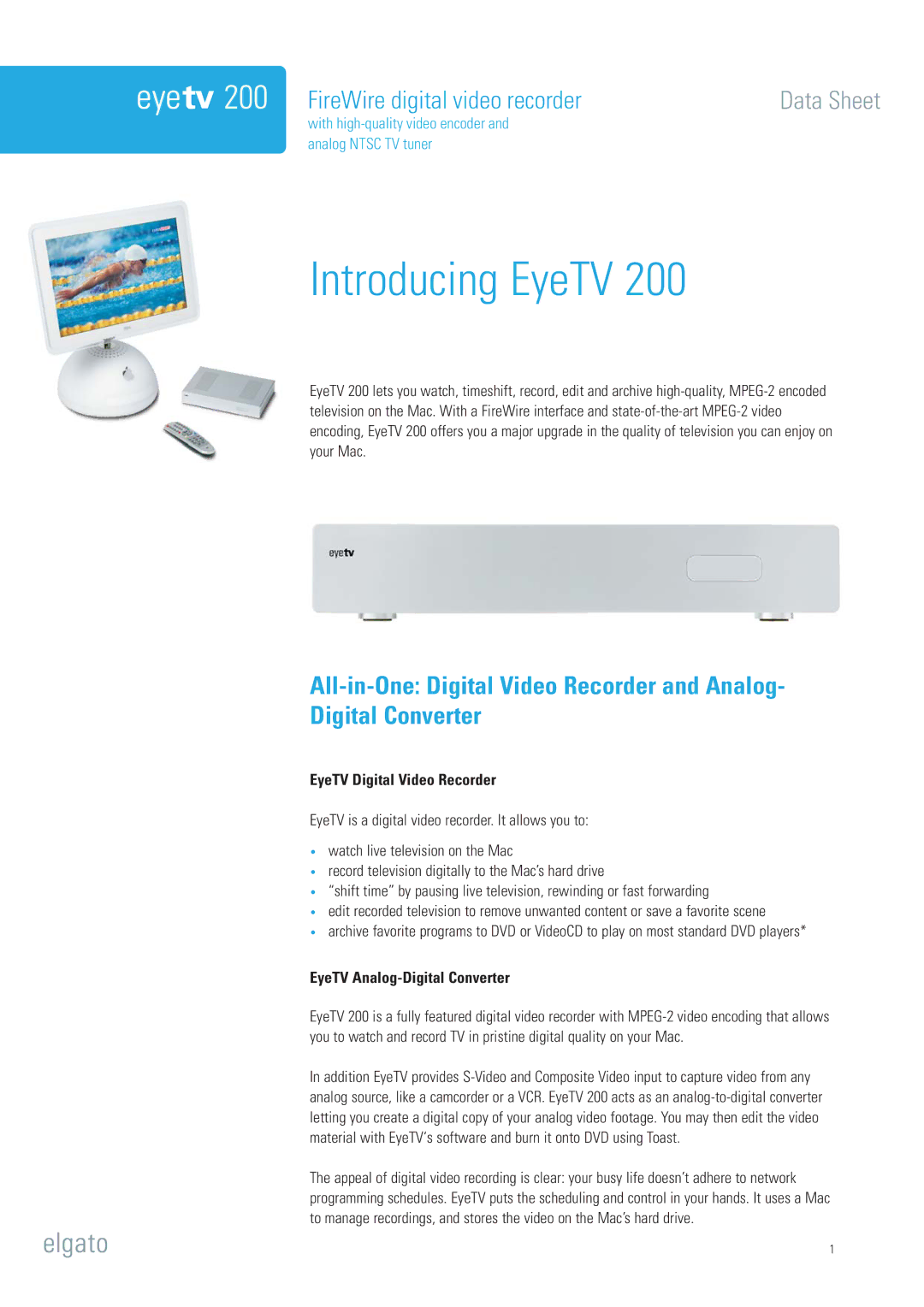 Elgato EyeTV 200 manual Introducing EyeTV, EyeTV Digital Video Recorder, EyeTV Analog-Digital Converter 