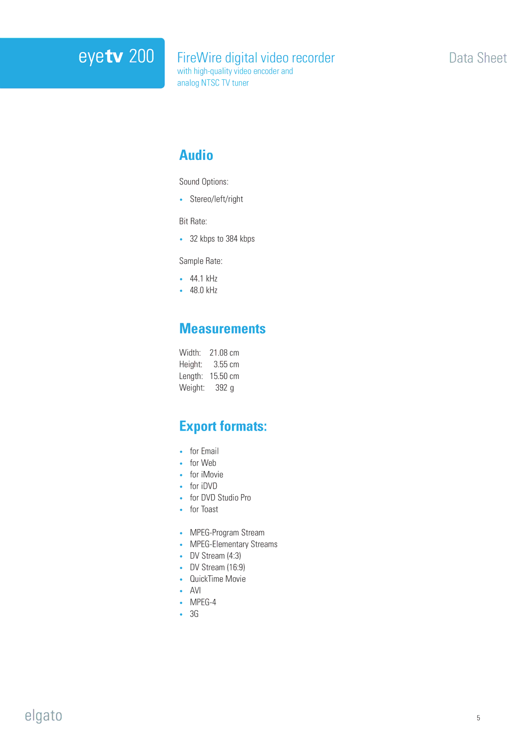 Elgato EyeTV 200 manual Audio, Measurements, Export formats 