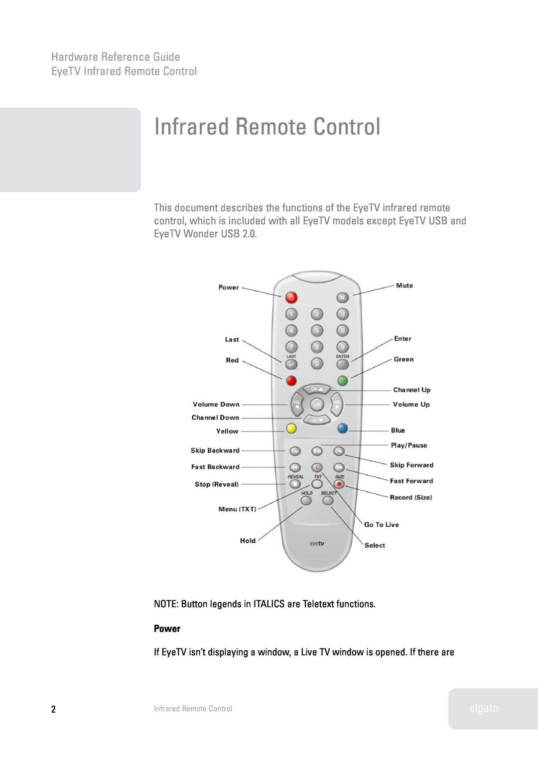 Elgato manual Hardware Reference Guide EyeTV Infrared Remote Control, Power 
