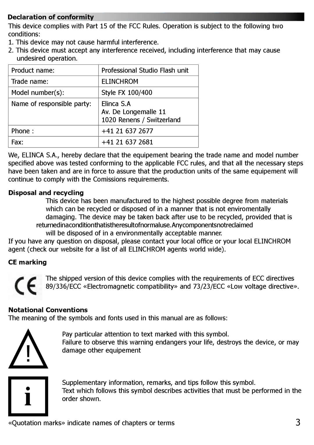 Elinca FX 100, FX 400 manual Declaration of conformity, Disposal and recycling, CE marking, Notational Conventions 