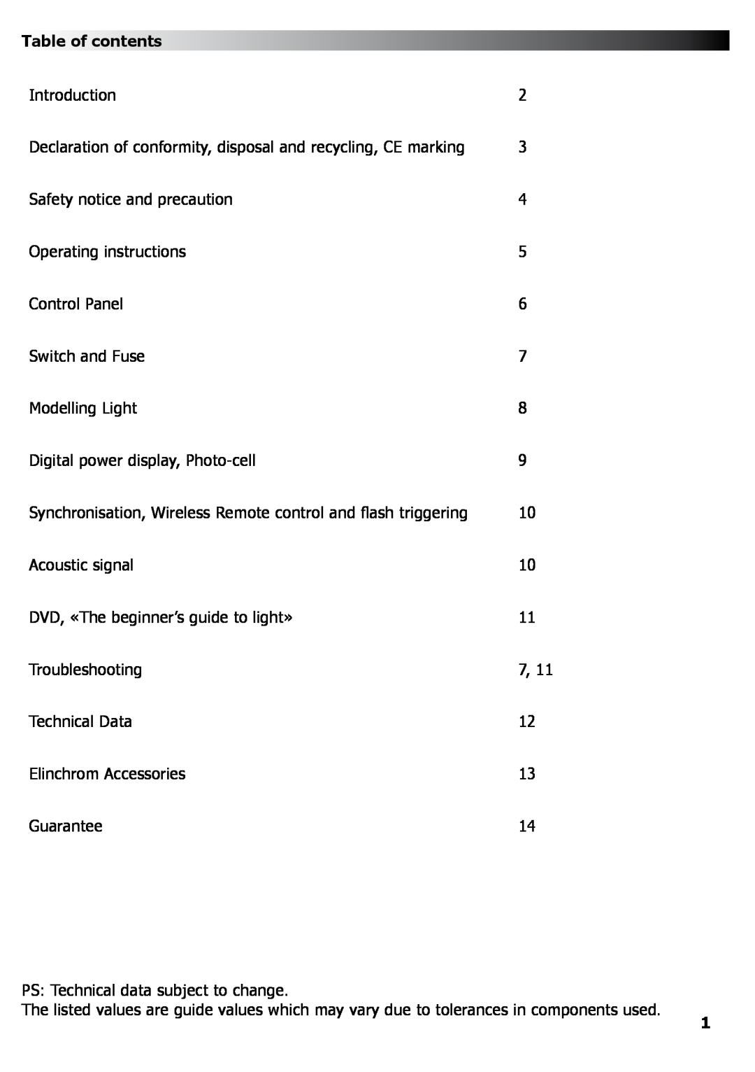 Elinca FX 100, FX 400 manual Table of contents 