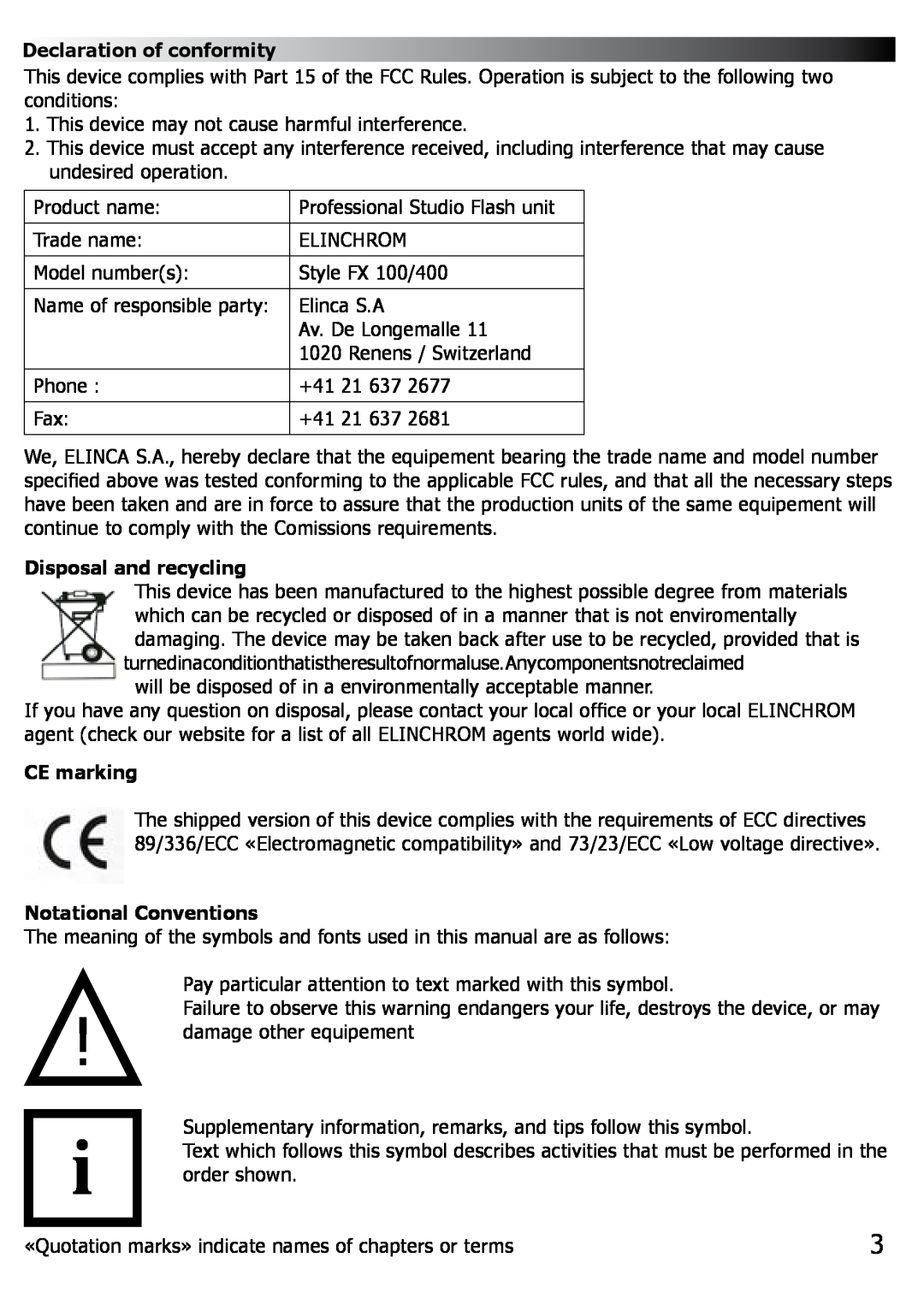 Elinca FX 100, FX 400 manual Declaration of conformity, Disposal and recycling, CE marking, Notational Conventions 