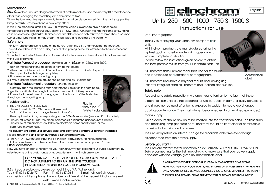 Elinchrom 500, 1000, 250 dimensions Before you start 