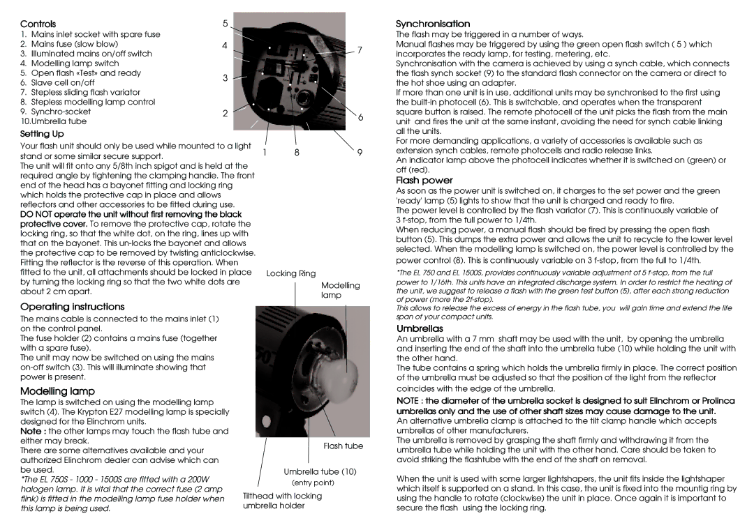 Elinchrom 250, 1000, 500 dimensions Controls, Operating instructions, Synchronisation, Flash power, Umbrellas 