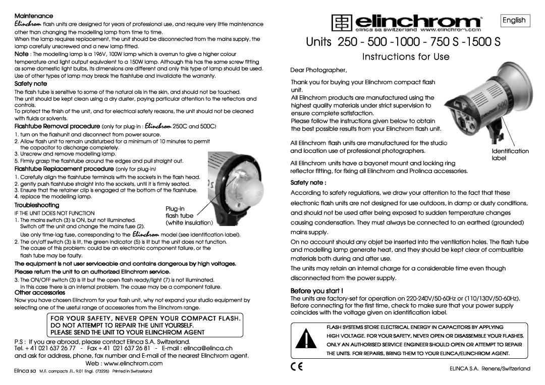 Elinchrom dimensions Before you start, Units 250 - 500 -1000- 750 S -1500S, Instructions for Use, English 