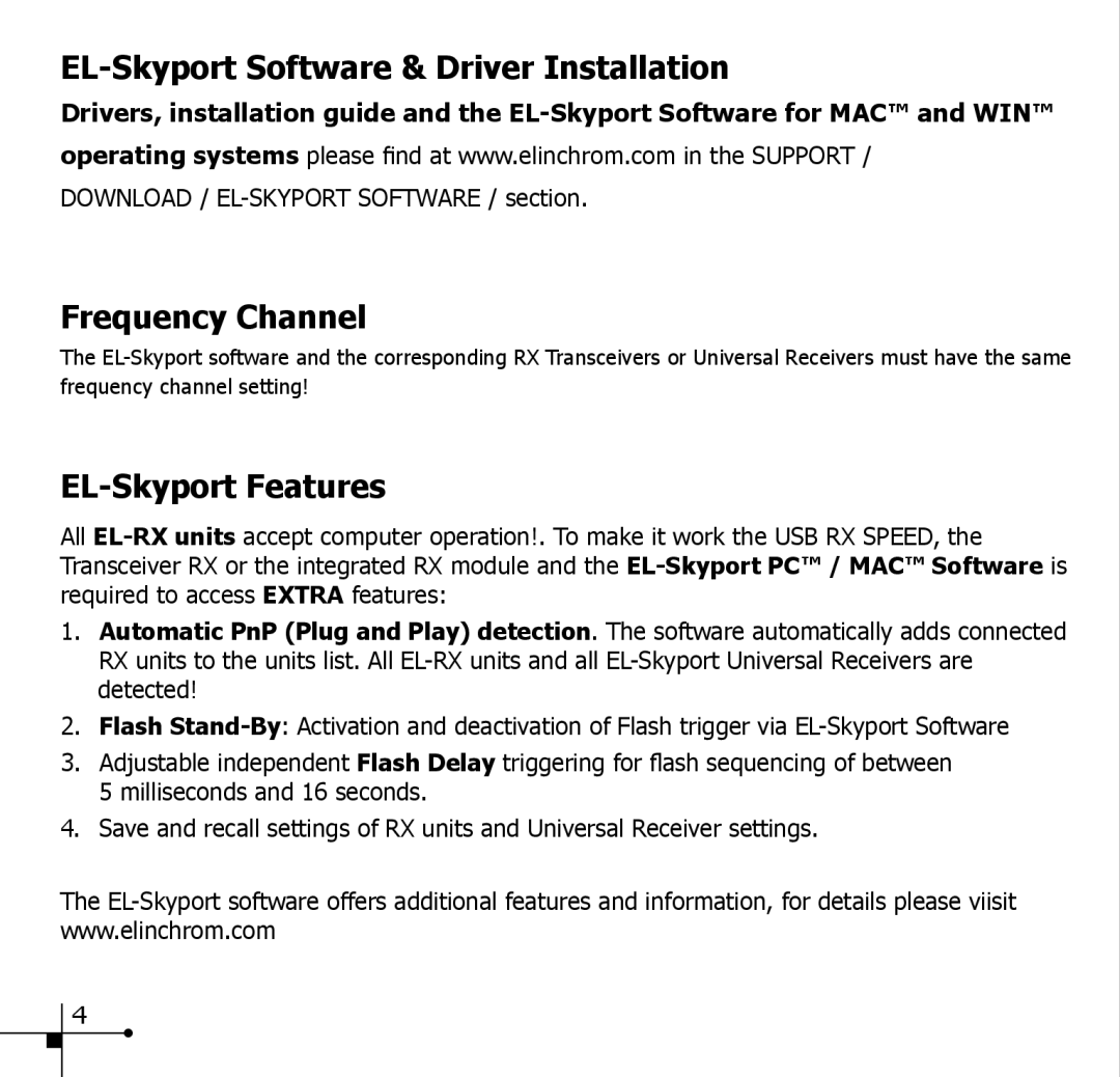 Elinchrom 19348 manual EL-Skyport Software & Driver Installation, Frequency Channel, EL-Skyport Features 