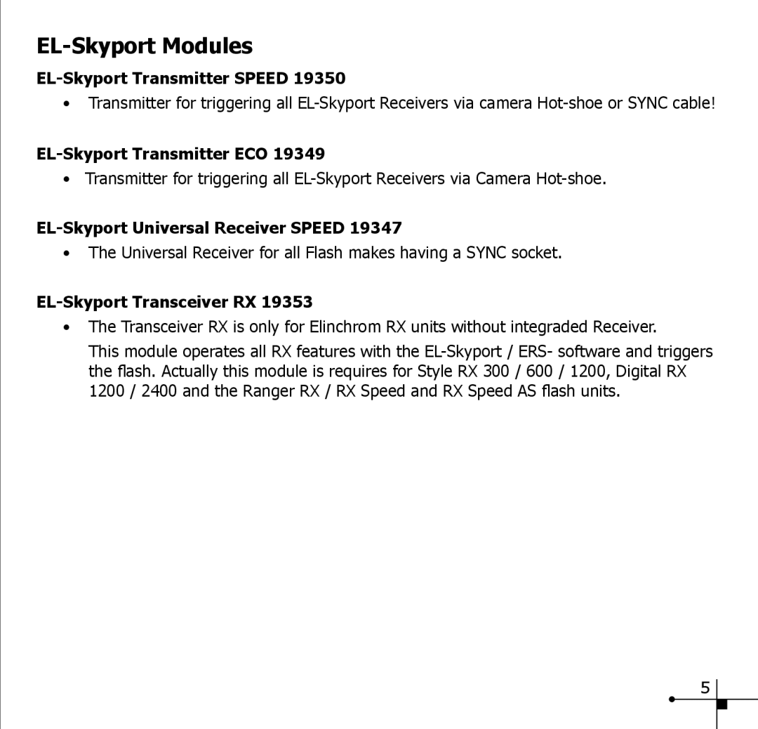 Elinchrom 19348 manual EL-Skyport Modules, EL-Skyport Transceiver RX 