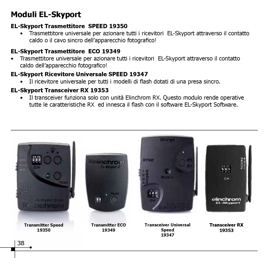 Elinchrom 19348 manual Moduli EL-Skyport, EL-Skyport Trasmettitore Speed 