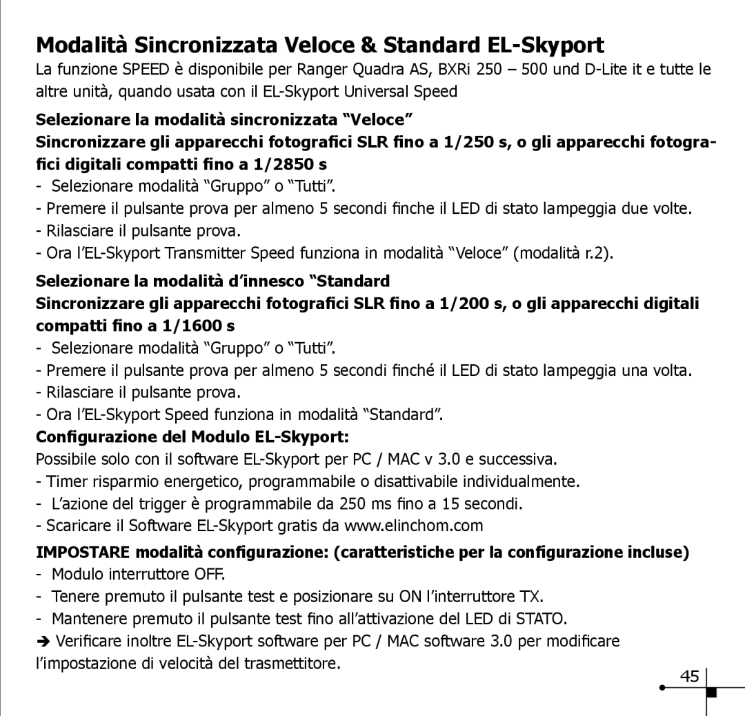 Elinchrom 19350 manual Modalità Sincronizzata Veloce & Standard EL-Skyport, Configurazione del Modulo EL-Skyport 