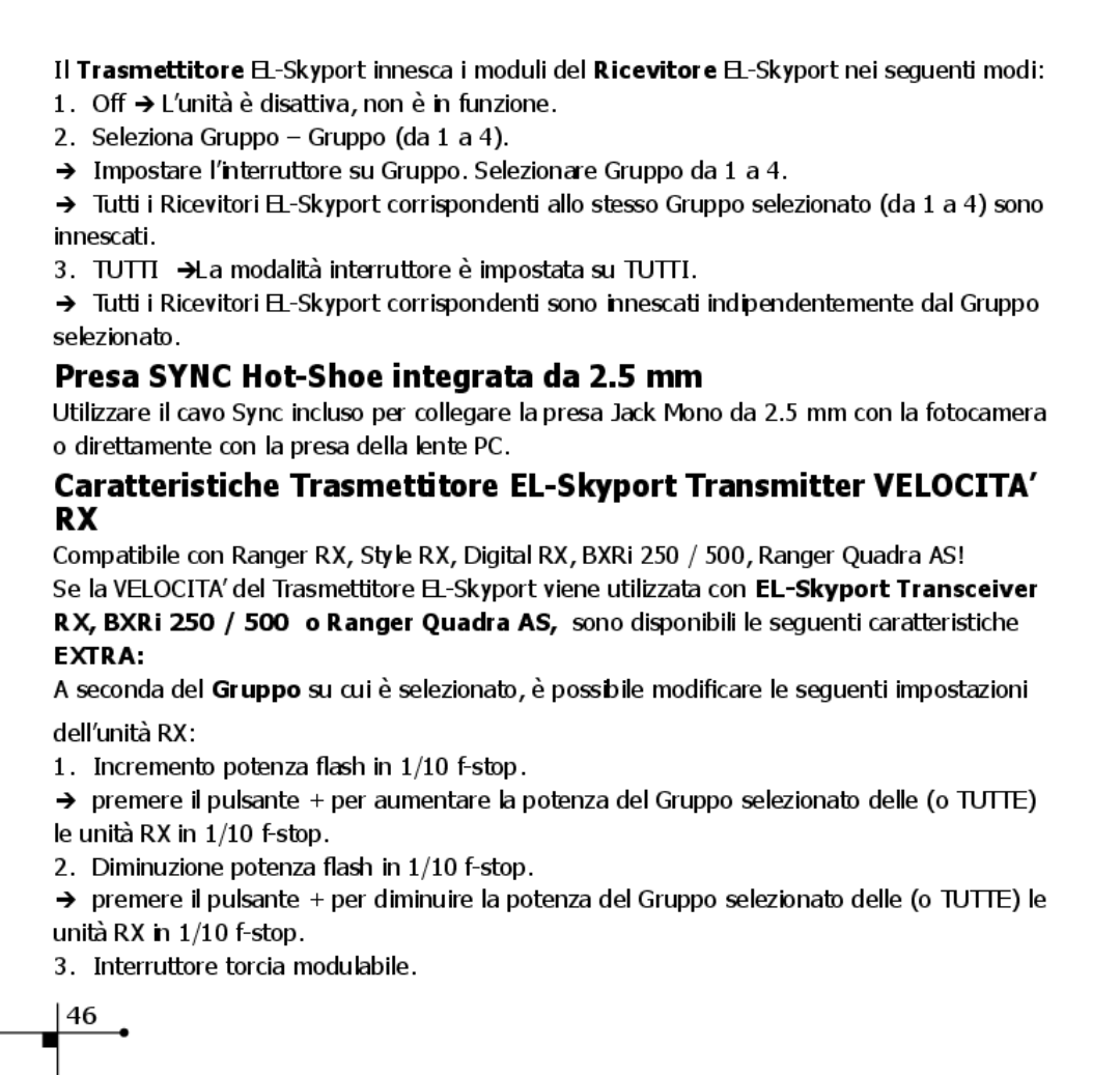 Elinchrom 19350 manual Presa Sync Hot-Shoe integrata da 2.5 mm 