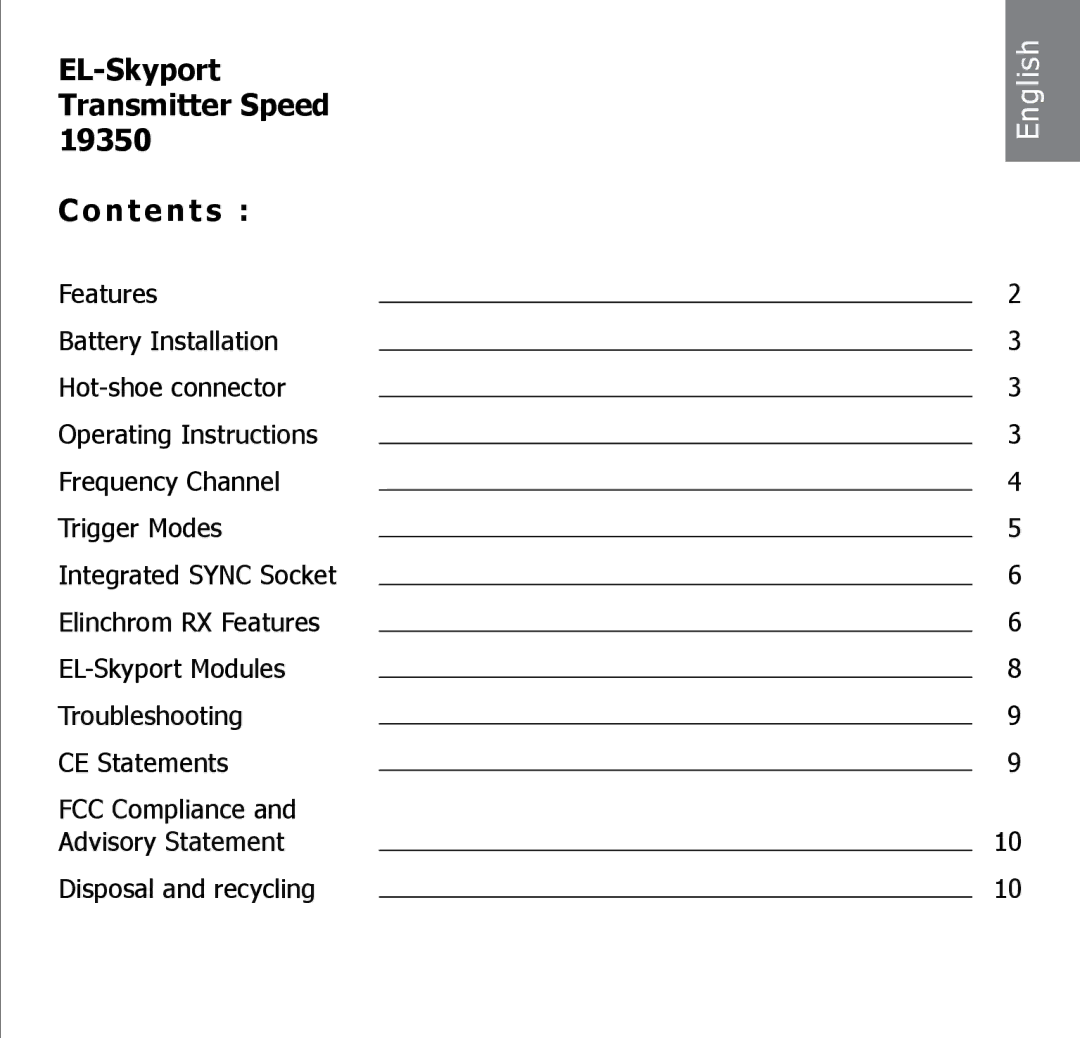 Elinchrom 19350 manual EL-Skyport Transmitter Speed Contents 