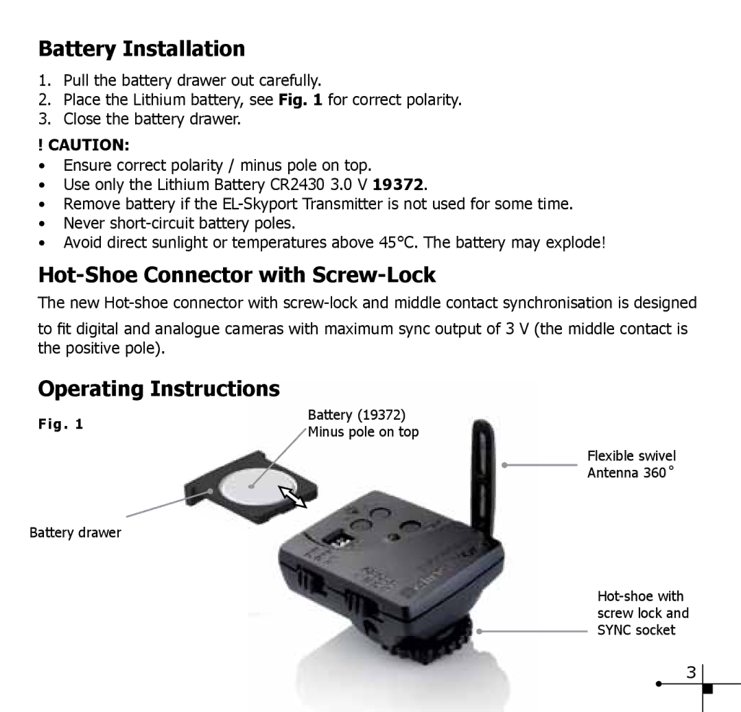 Elinchrom 19350 manual Battery Installation, Hot-Shoe Connector with Screw-Lock, Operating Instructions 