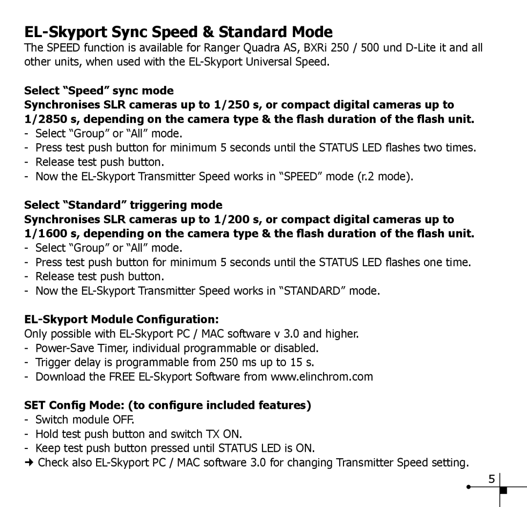 Elinchrom 19350 manual EL-Skyport Sync Speed & Standard Mode, Select Speed sync mode, Select Standard triggering mode 