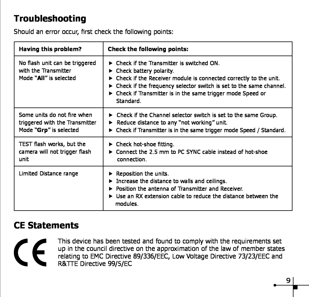 Elinchrom 19350 manual Troubleshooting, CE Statements 