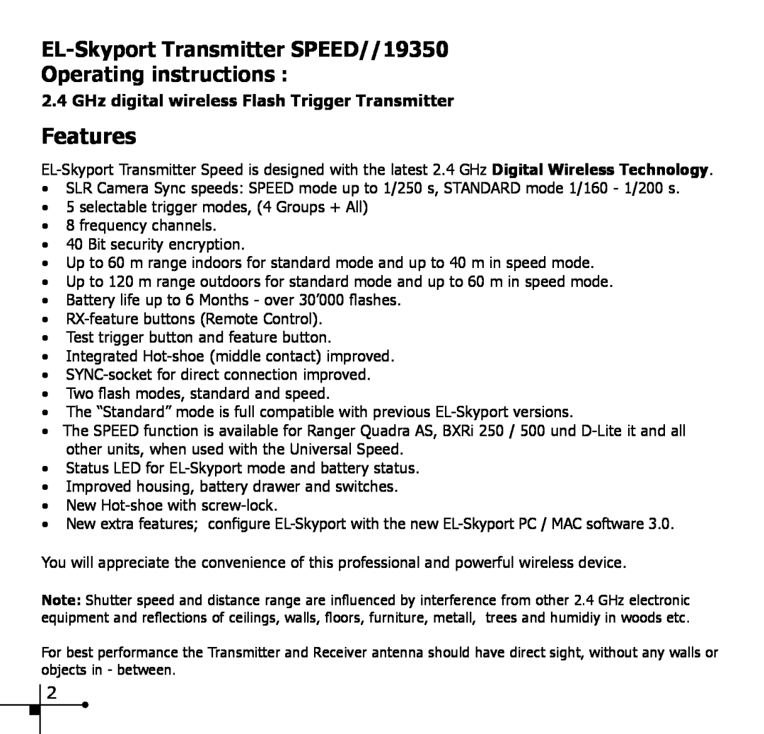 Elinchrom manual Features, EL-SkyportTransmitter SPEED//19350, Operating instructions 