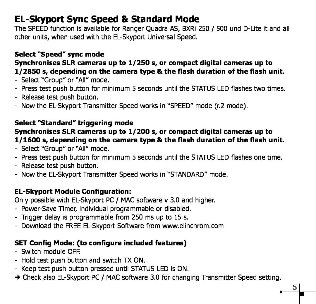 Elinchrom 19350 manual EL-SkyportSync Speed & Standard Mode, Select “Speed” sync mode, Select “Standard” triggering mode 