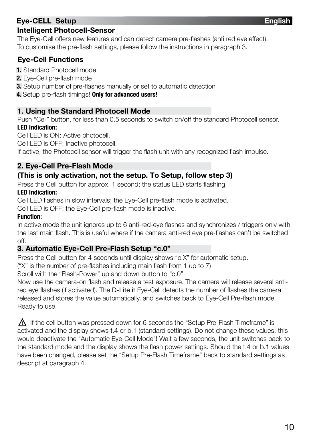 Elinchrom 4 IT, 2 IT Eye-CELL Setup, Intelligent Photocell-Sensor, Eye-Cell Functions, Using the Standard Photocell Mode 