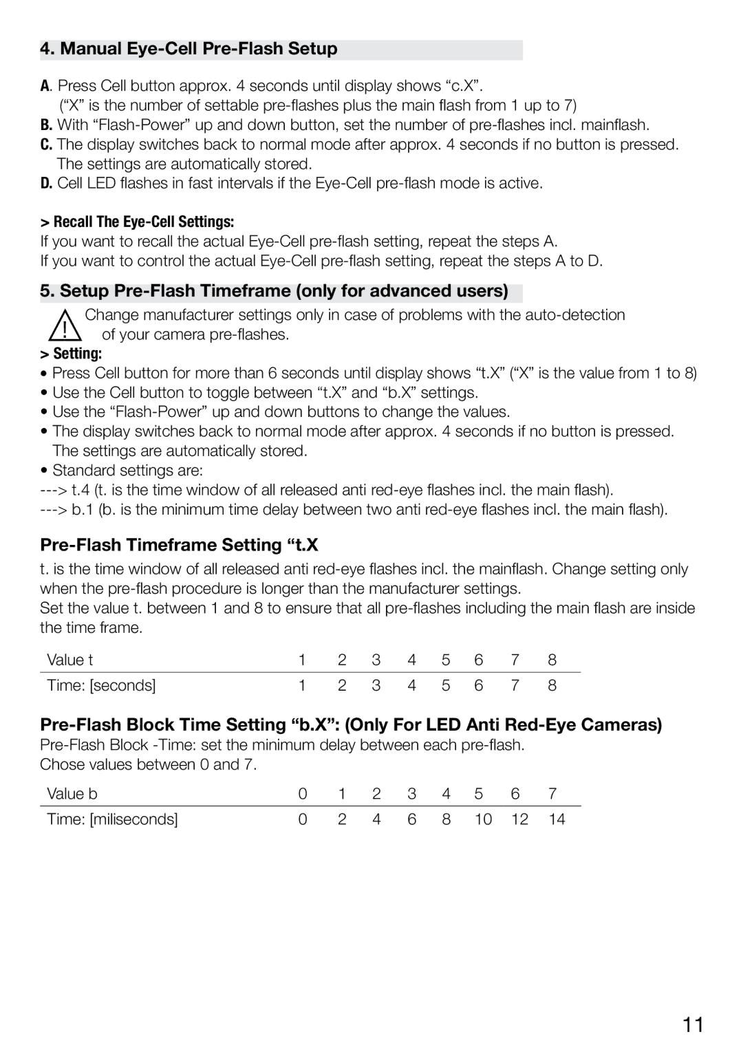 Elinchrom 2 IT, 4 IT operation manual Manual Eye-Cell Pre-Flash Setup, Setup Pre-Flash Timeframe only for advanced users 