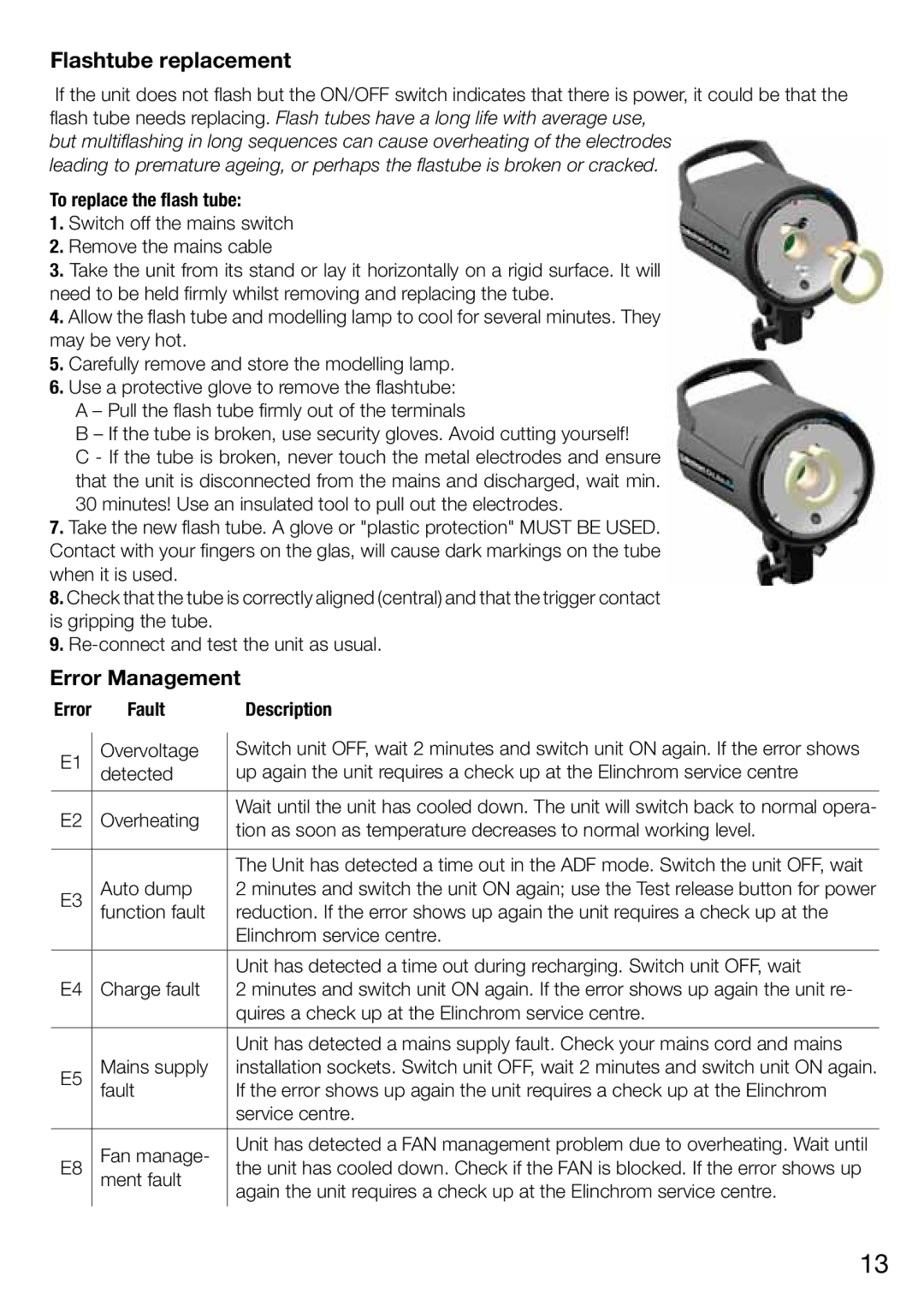 Elinchrom 2 IT, 4 IT operation manual Flashtube replacement, Error Management 