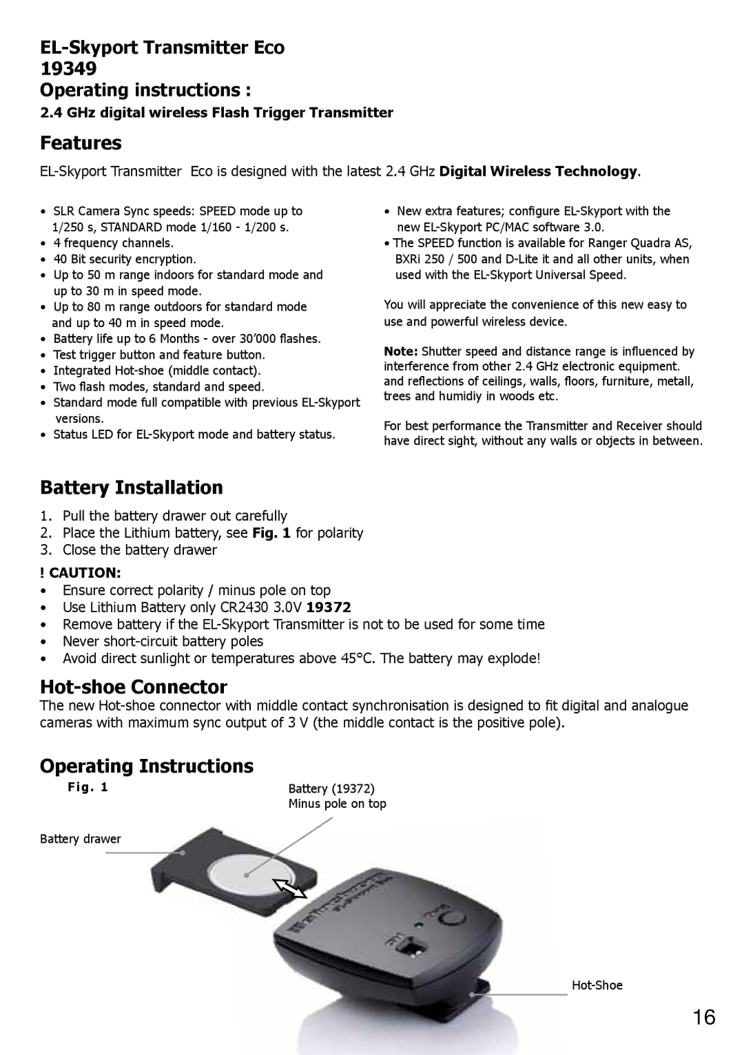 Elinchrom 4 IT, 2 IT operation manual Features, Battery Installation, Hot-shoe Connector, Operating Instructions 