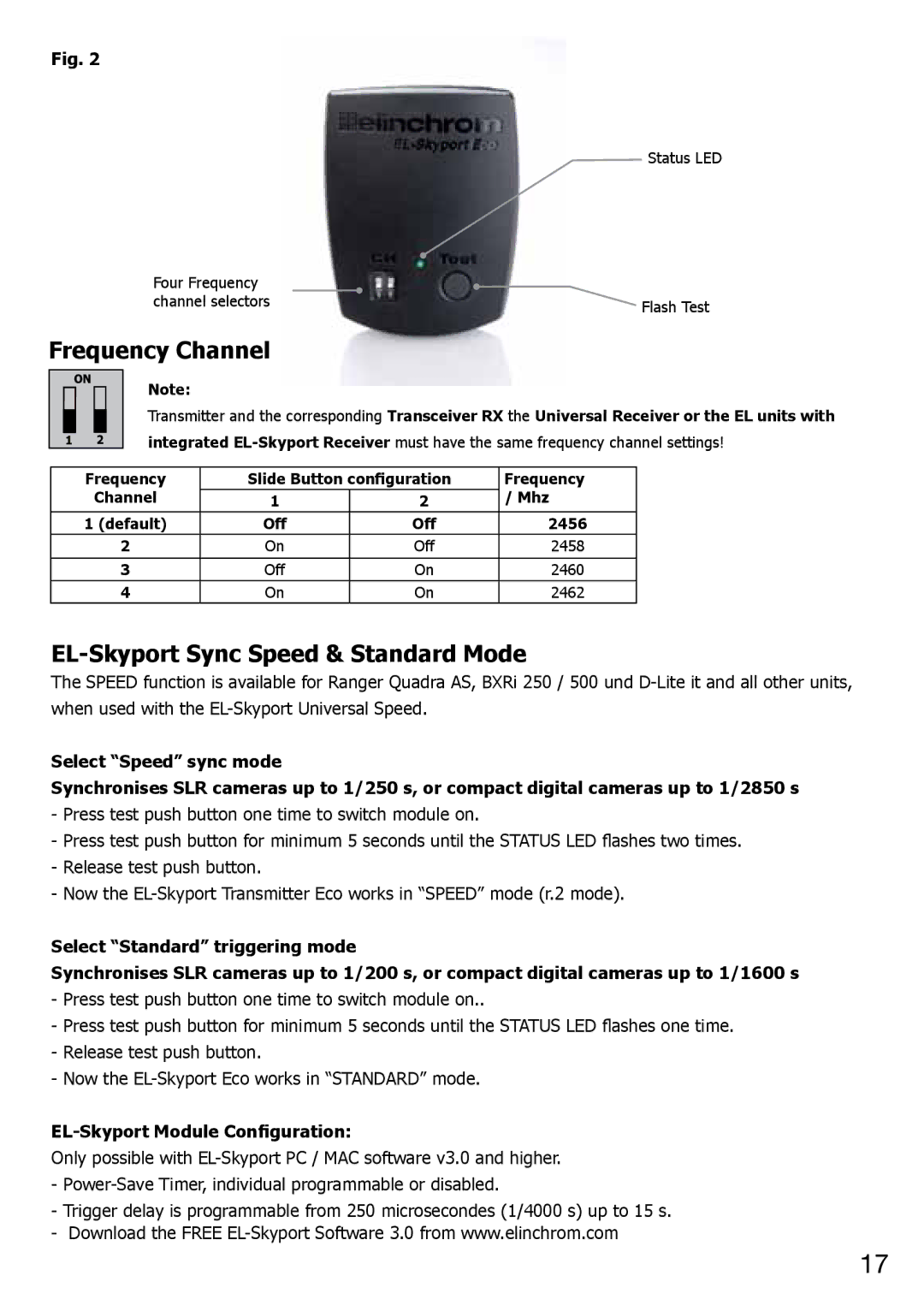 Elinchrom 2 IT, 4 IT operation manual Frequency Channel, EL-Skyport Sync Speed & Standard Mode 