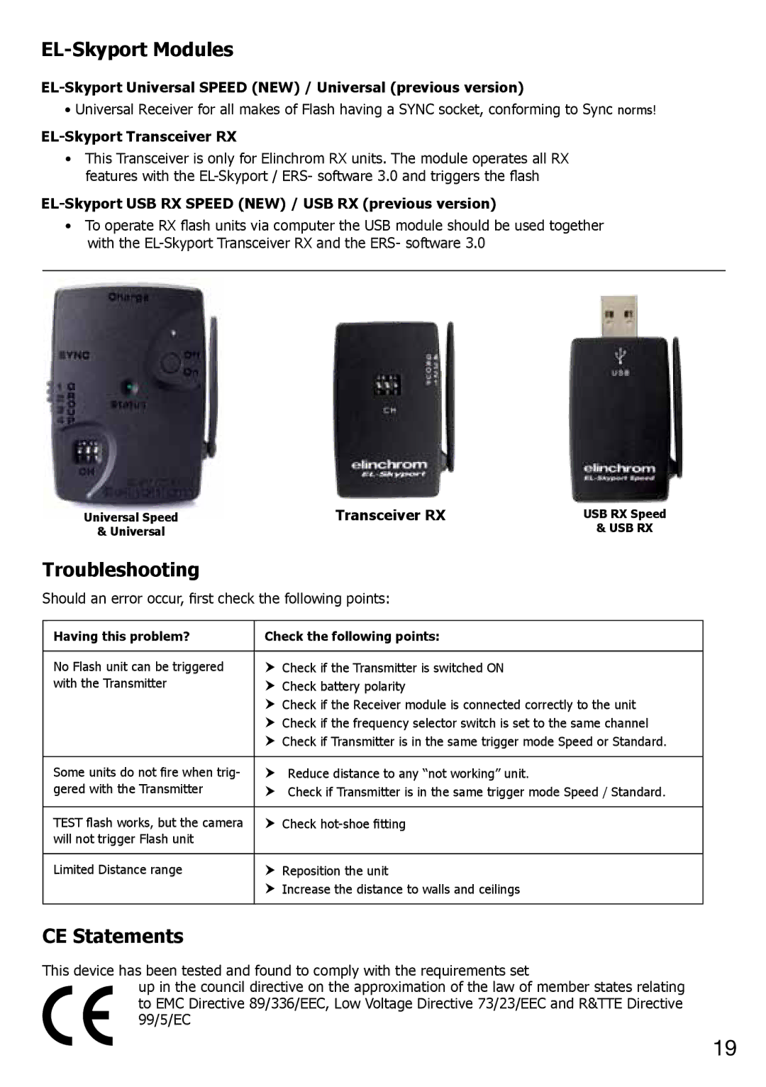 Elinchrom 2 IT, 4 IT operation manual EL-Skyport Modules, Troubleshooting, CE Statements 