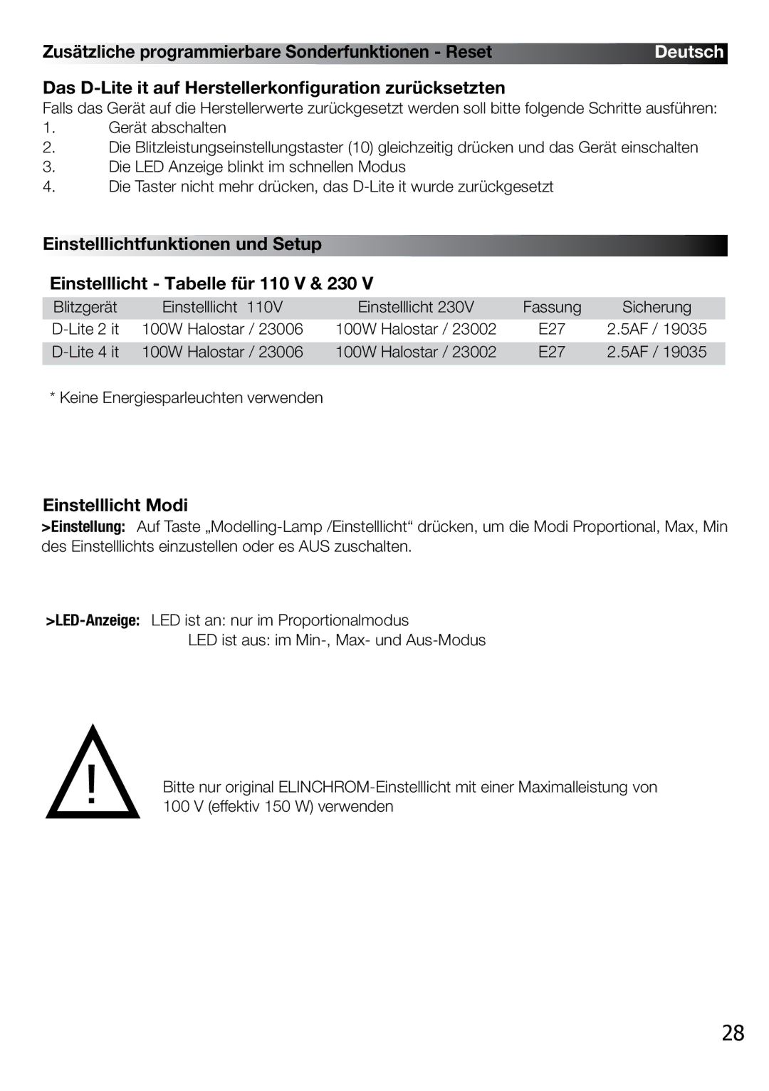 Elinchrom 4 IT Zusätzliche programmierbare Sonderfunktionen Reset, Das D-Lite it auf Herstellerkonfiguration zurücksetzten 