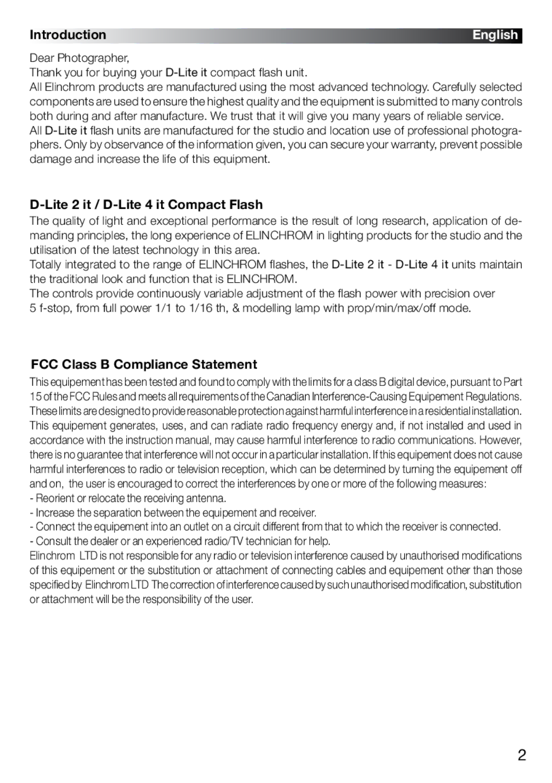 Elinchrom 4 IT, 2 IT Introduction, English, Lite 2 it / D-Lite 4 it Compact Flash, FCC Class B Compliance Statement 