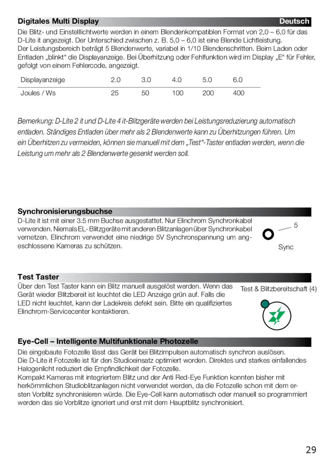 Elinchrom 2 IT, 4 IT Digitales Multi Display, Synchronisierungsbuchse, Test Taster, Elinchrom-Servicecenter kontaktieren 