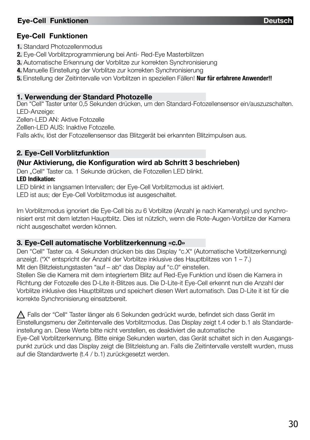 Elinchrom 4 IT Eye-Cell Funktionen, Verwendung der Standard Photozelle, Eye-Cell automatische Vorblitzerkennung «c.0» 