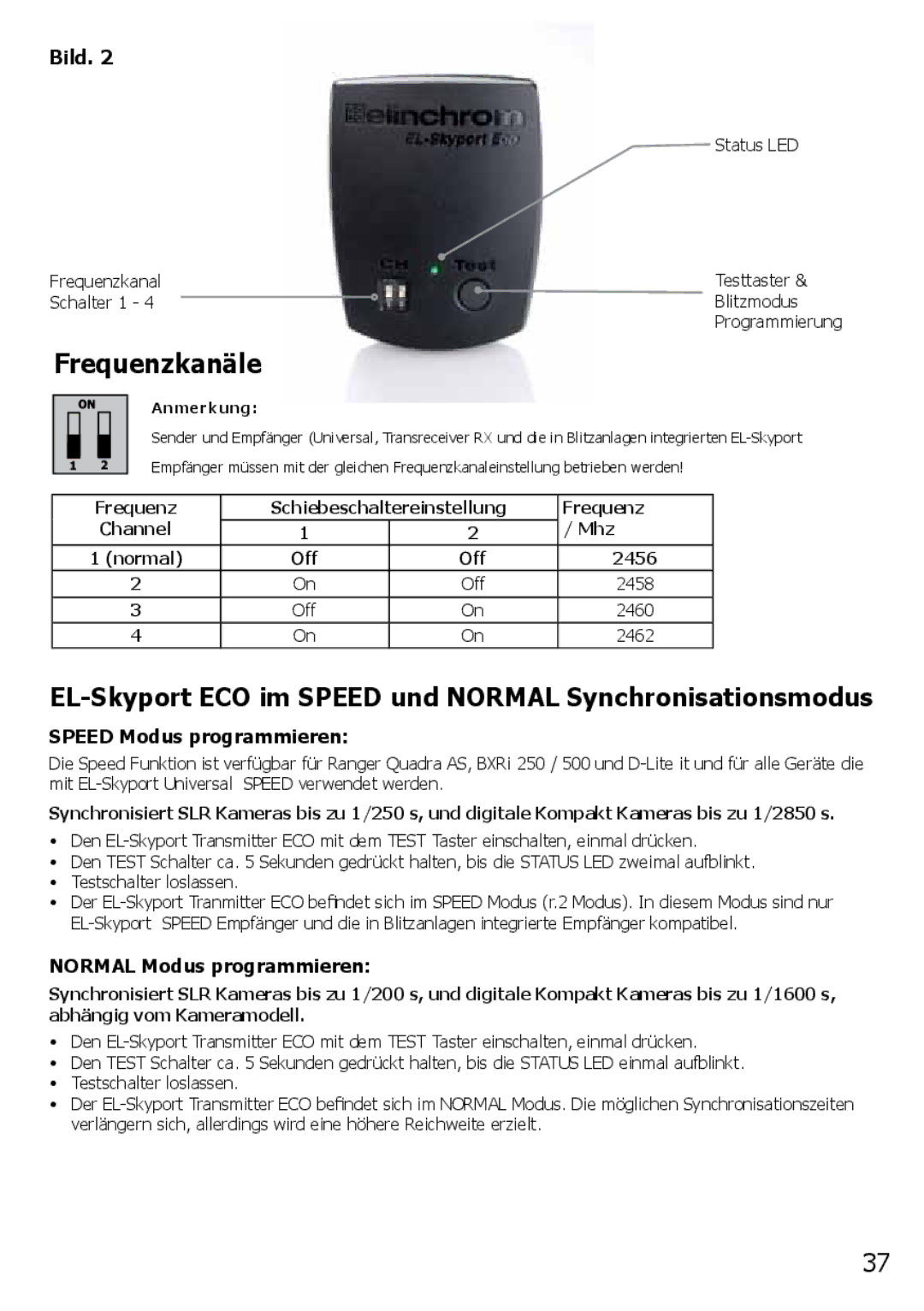 Elinchrom 2 IT, 4 IT operation manual Frequenzkanäle, EL-Skyport ECO im Speed und Normal Synchronisationsmodus 