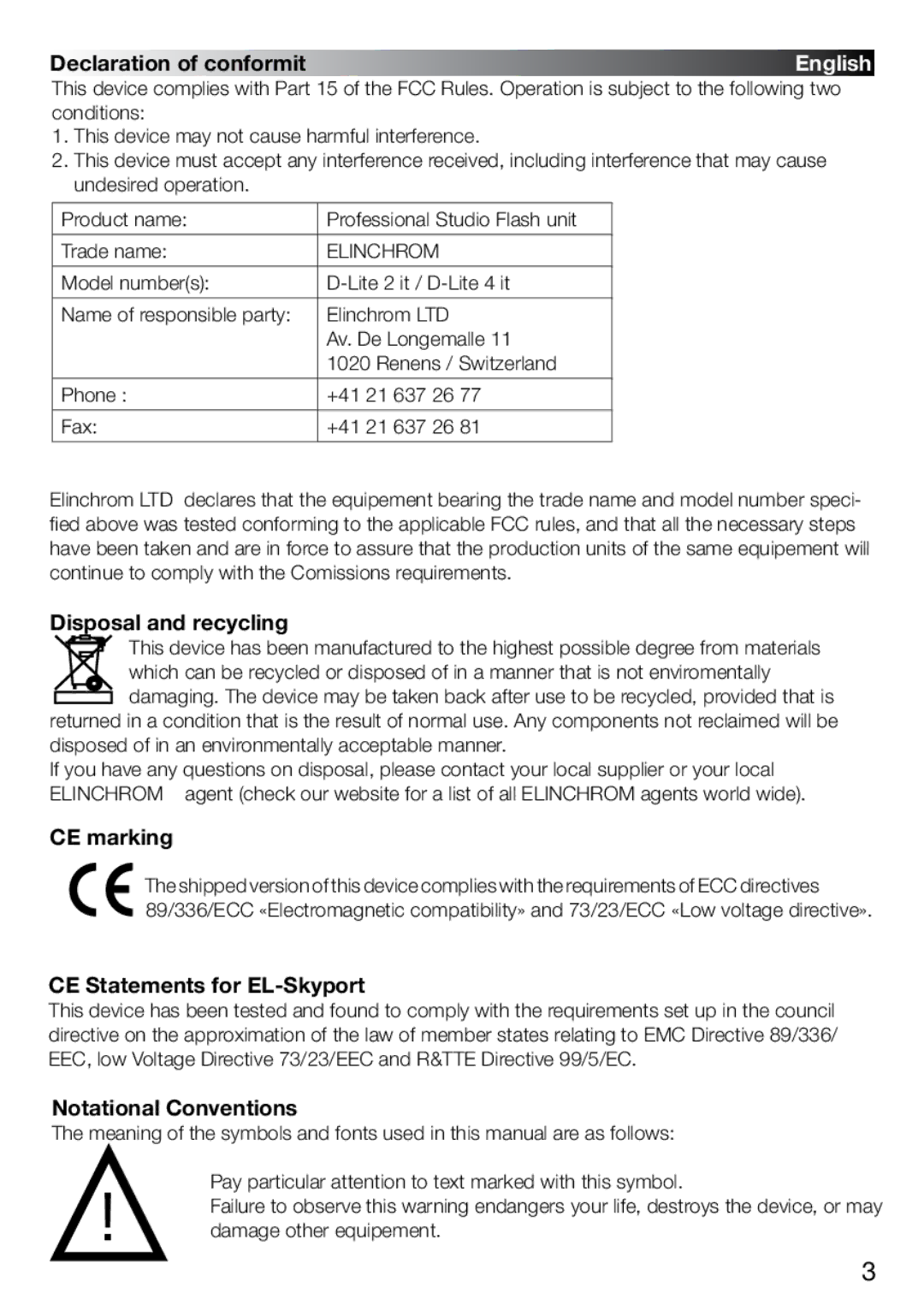 Elinchrom 2 IT, 4 IT Declaration of conformit, Disposal and recycling, CE marking, CE Statements for EL-Skyport 