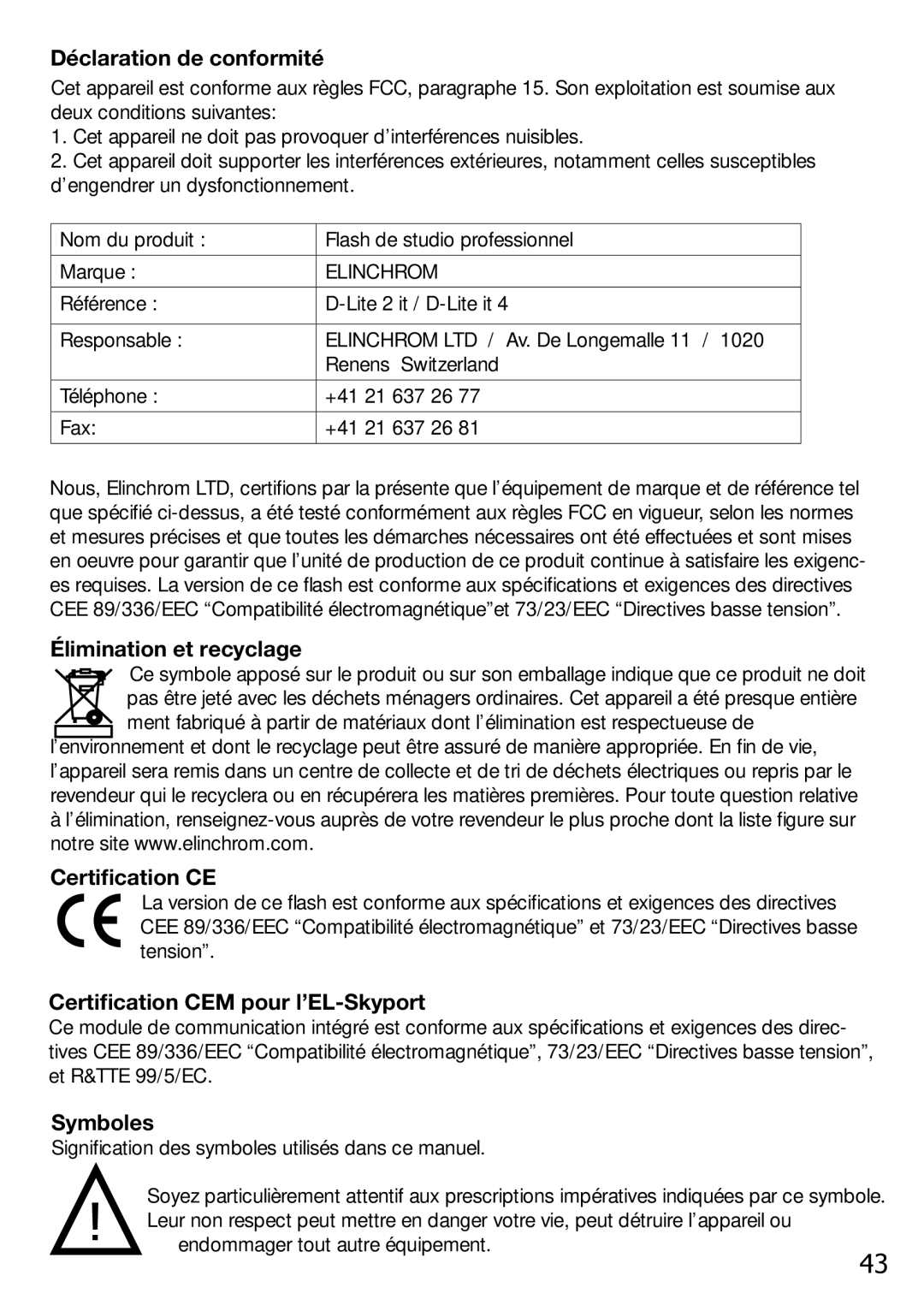 Elinchrom 2 IT Déclaration de conformité, Élimination et recyclage, Certification CE­, Certification CEM pour l’EL-Skyport 