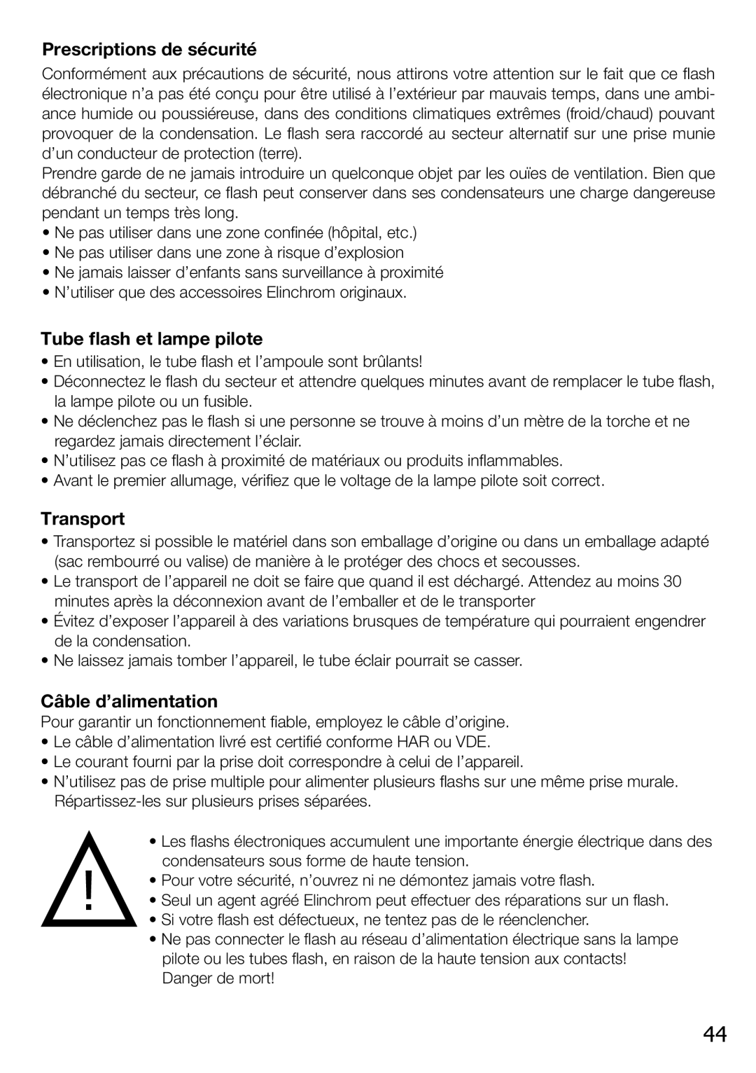 Elinchrom 4 IT, 2 IT operation manual Prescriptions de sécurité, Tube flash et lampe pilote, Câble d’alimentation 