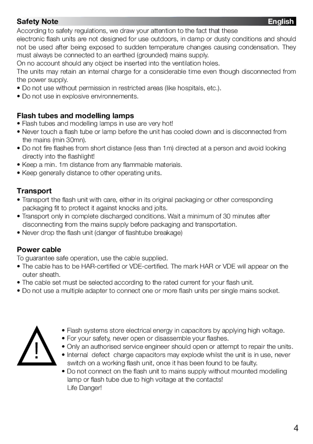 Elinchrom 4 IT, 2 IT operation manual Safety Note, Flash tubes and modelling lamps, Transport, Power cable 