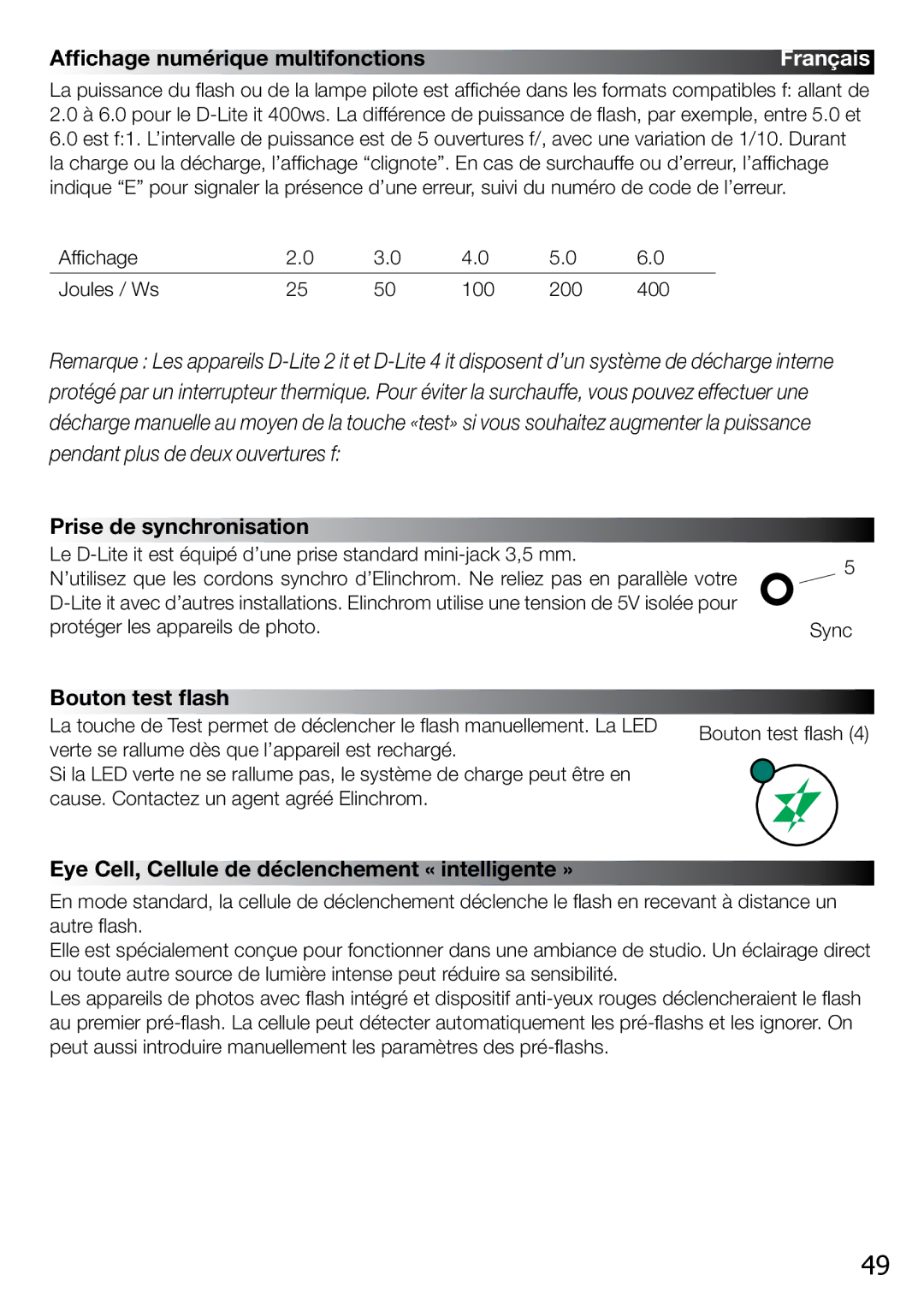 Elinchrom 2 IT, 4 IT operation manual Affichage numérique multifonctions, Prise de synchronisation, Bouton test flash 