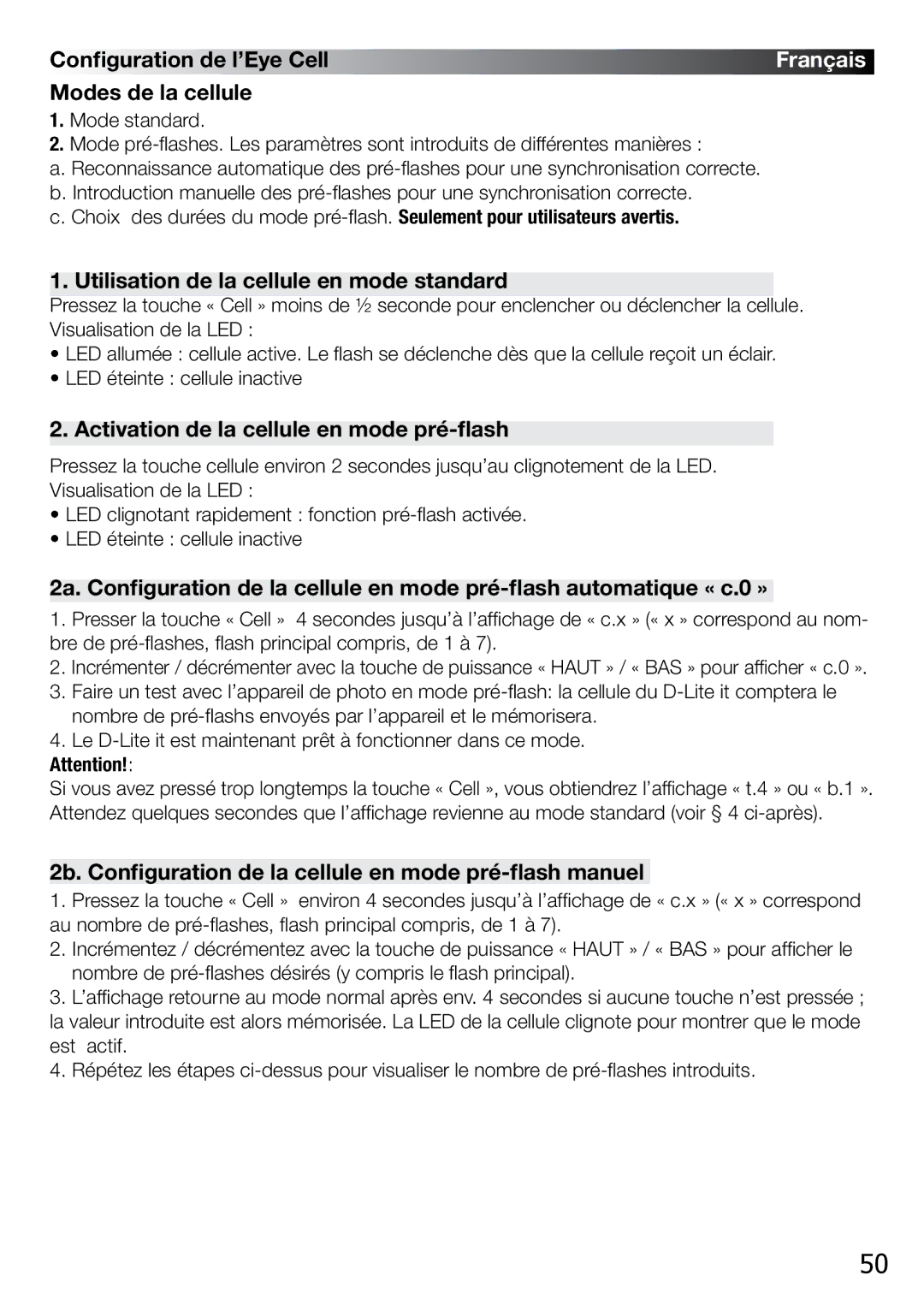 Elinchrom 4 IT, 2 IT Configuration de l’Eye Cell, Modes de la cellule, Utilisation de la cellule en mode standard 